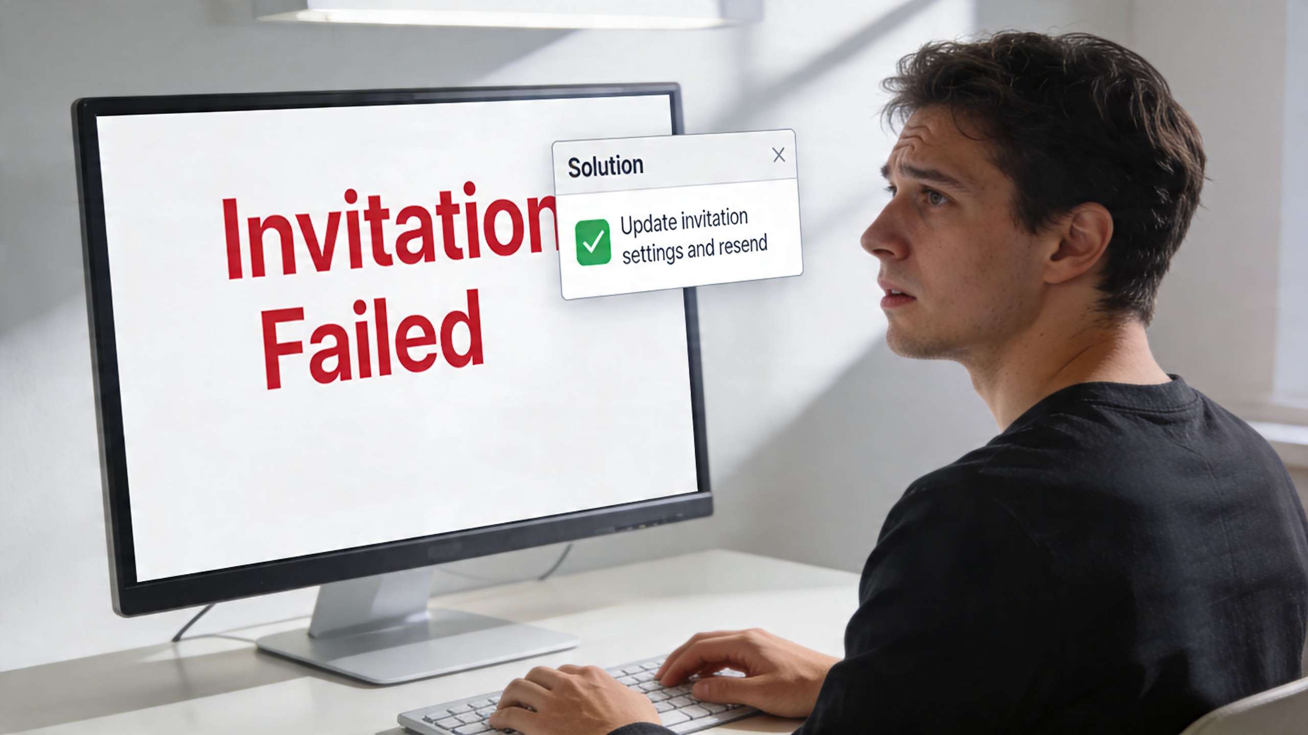 A concerned young man looking at a computer screen displaying an invitation failed error message.