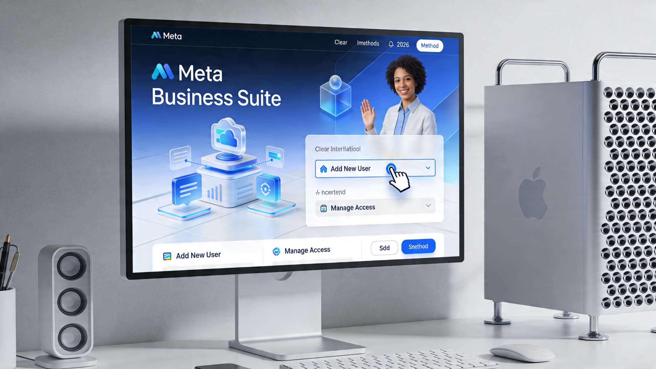 A digital interface on a computer monitor showcasing the Meta Business Suite dashboard for managing user access.