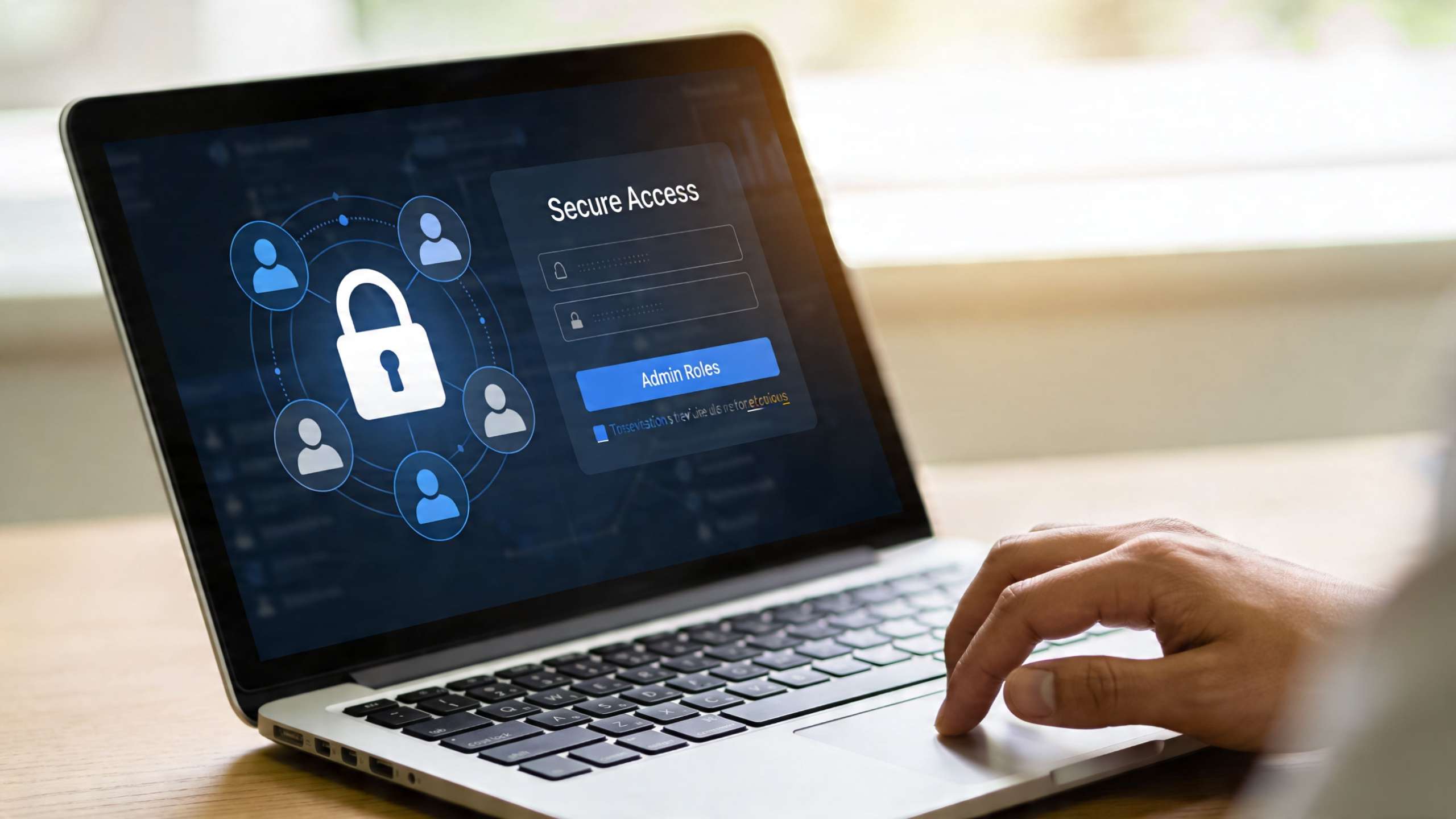 A person using a laptop to log into a secure administrative system with a lock icon interface.