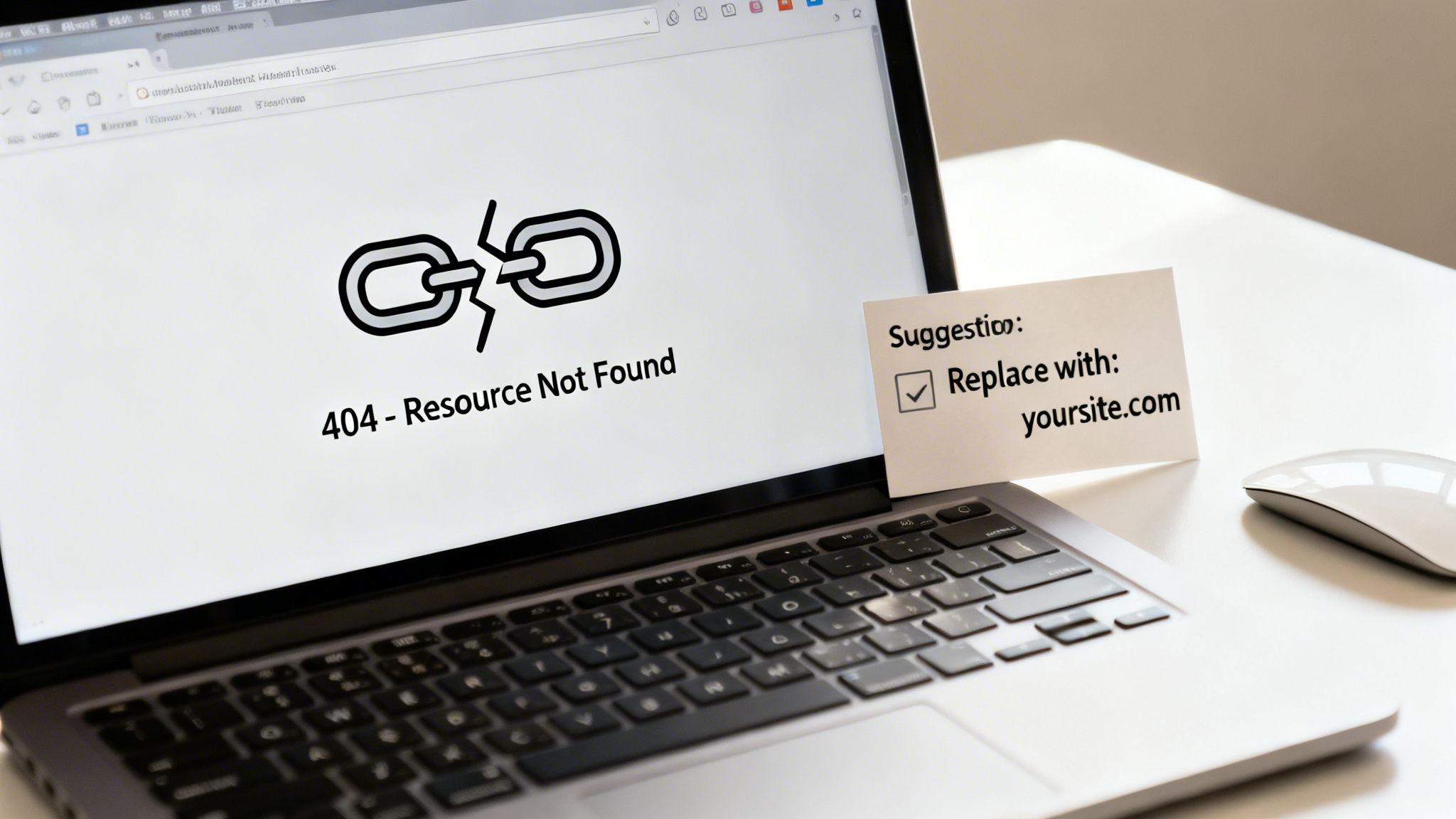 A laptop screen displaying a 404 error with a broken chain icon, suggesting a link fix.