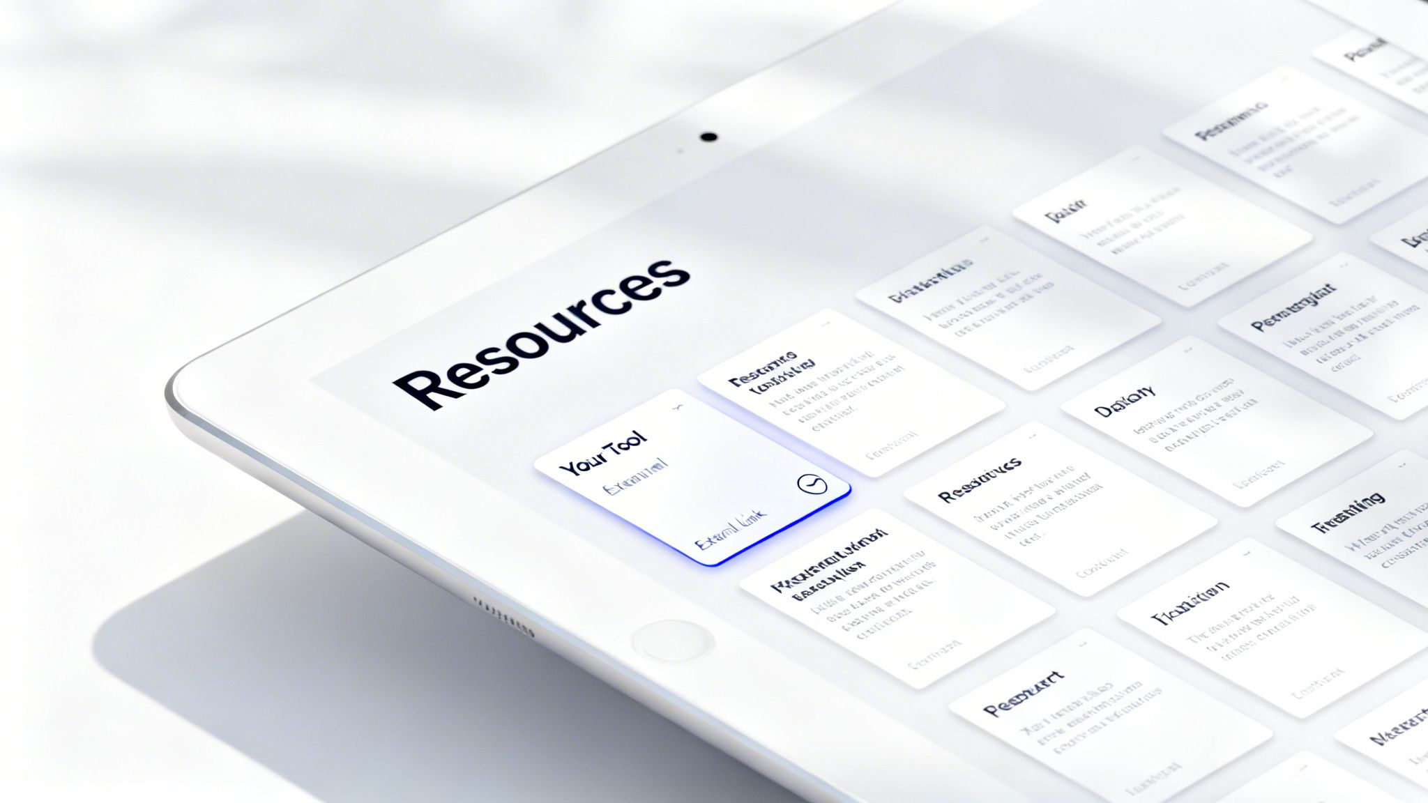 A minimalist digital dashboard on a tablet screen showcasing various resource cards for website management and tools.