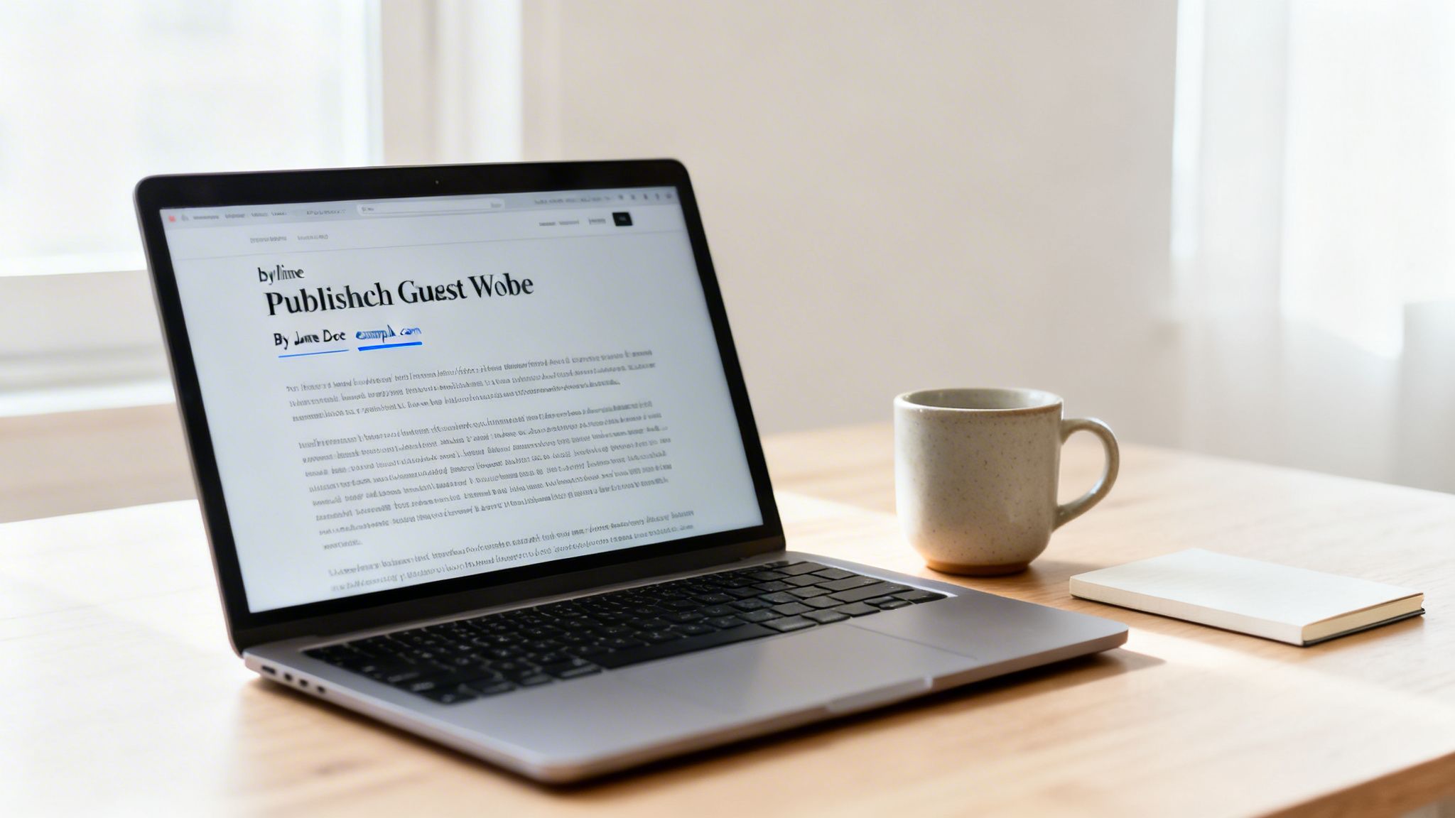 A modern laptop displaying a webpage on a wooden desk next to a coffee mug and notebook.
