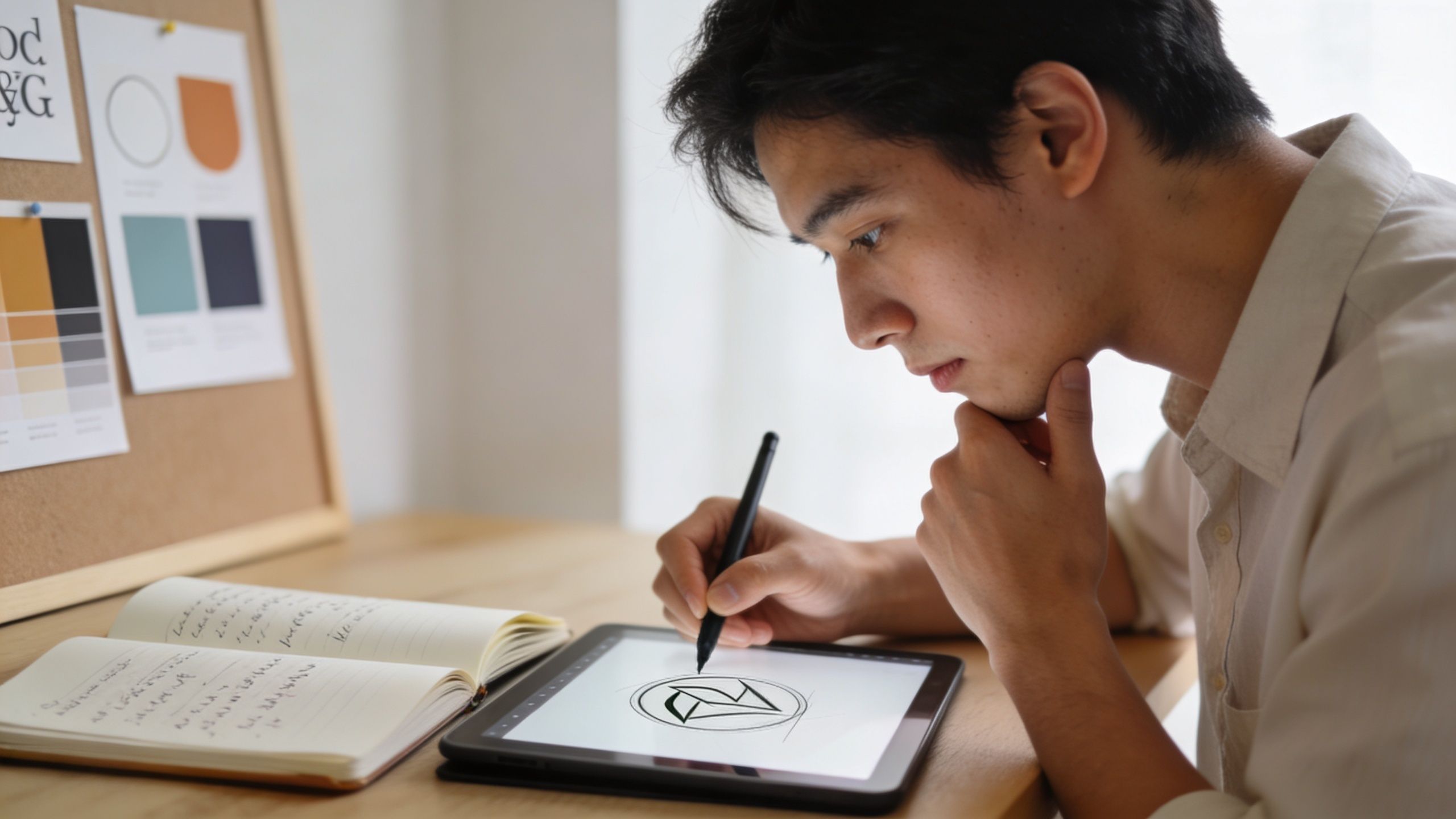 A focused male graphic designer sketches a logo concept on a digital tablet at his wooden workspace.