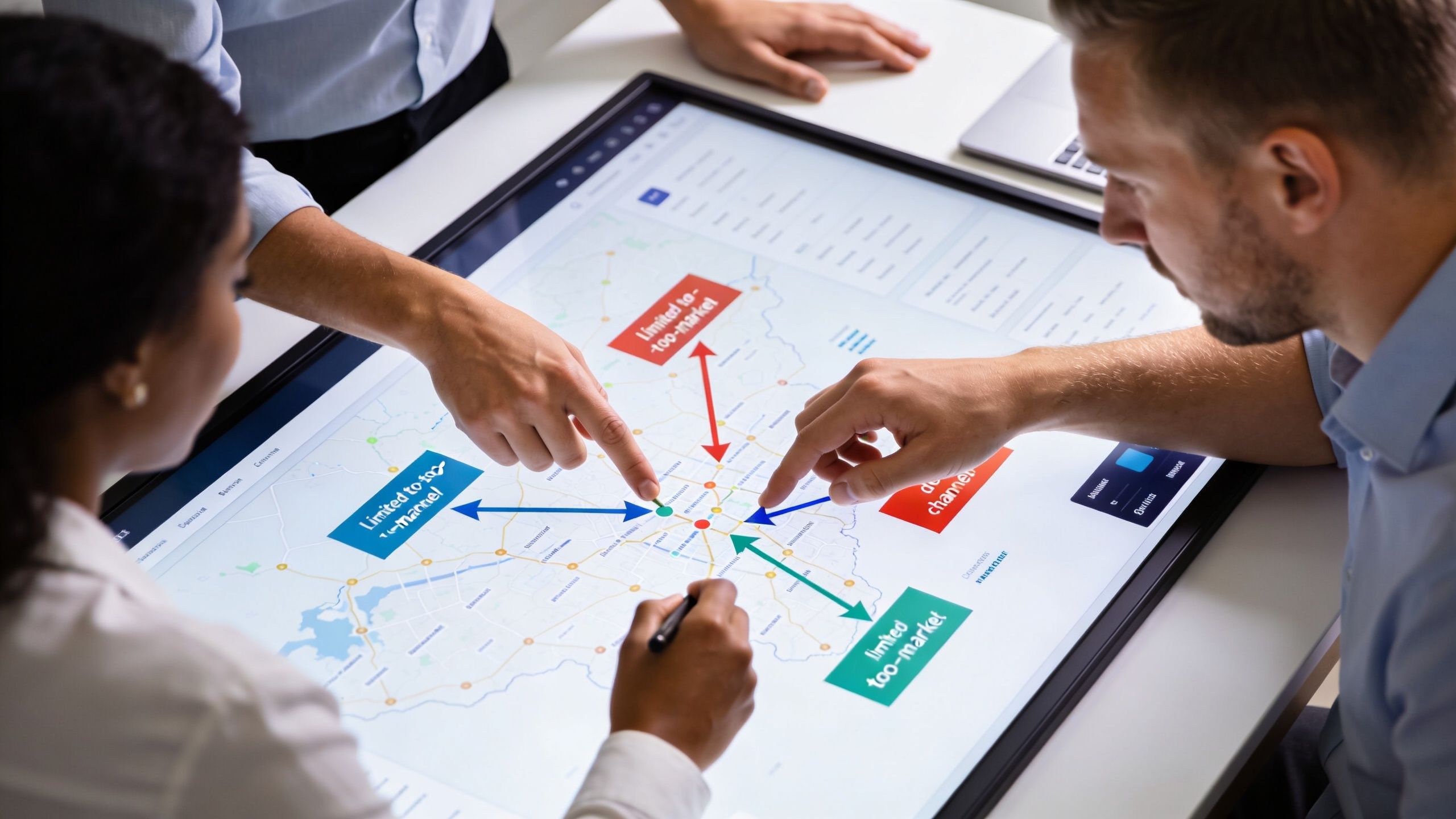 Three business colleagues collaborating on a digital map touch screen to discuss brand strategy for a startup.