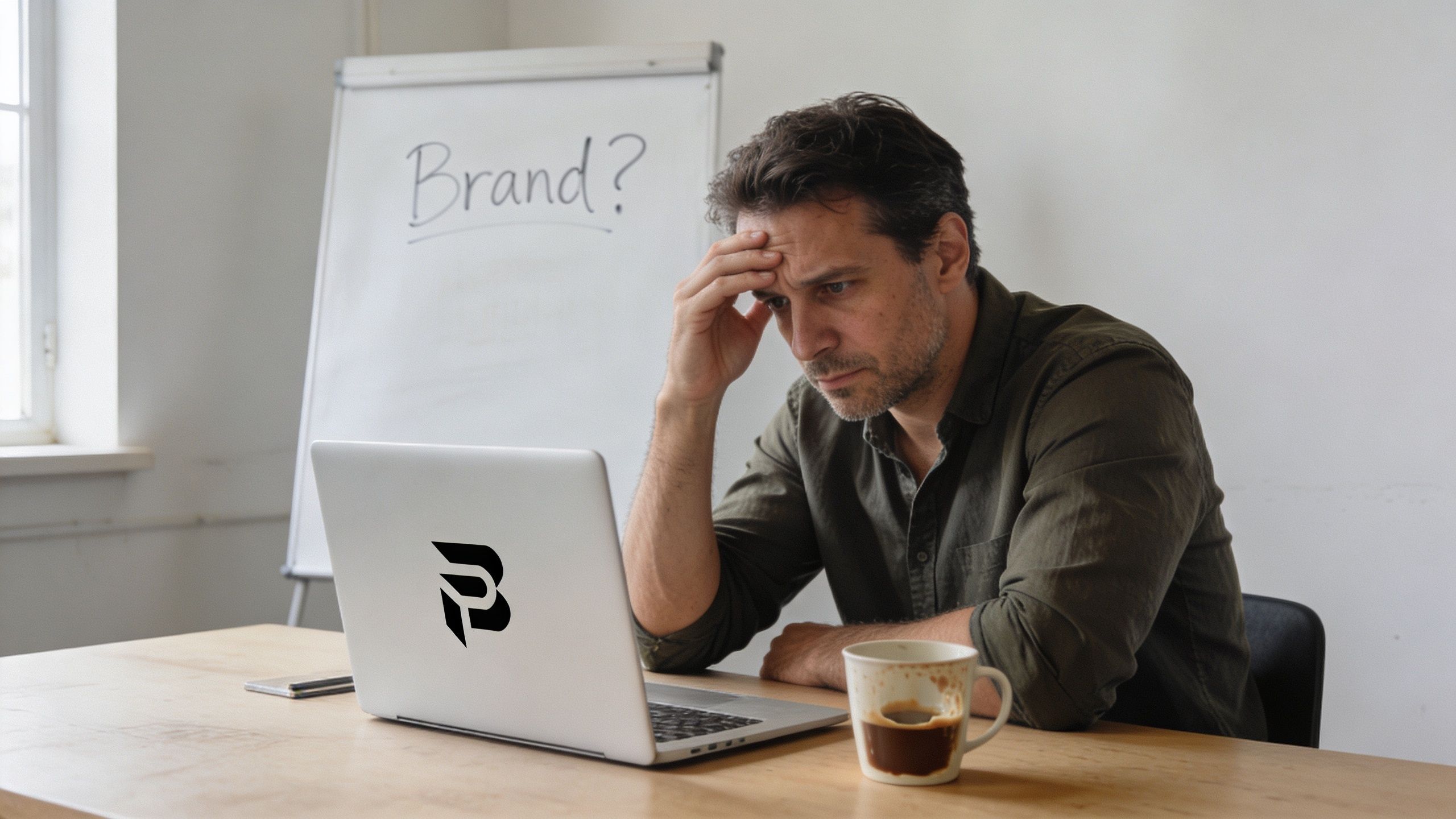 Brand Strategy for Startups: A man looking stressed while sitting at a desk with a laptop and a cup of coffee.