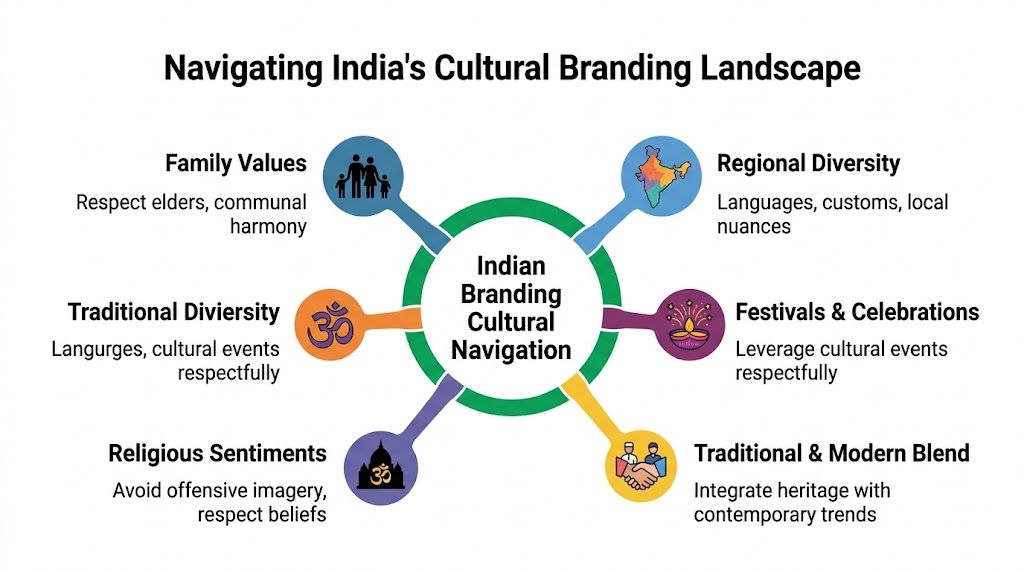 A diagram outlining key cultural considerations for successful branding and marketing strategies within the Indian market.