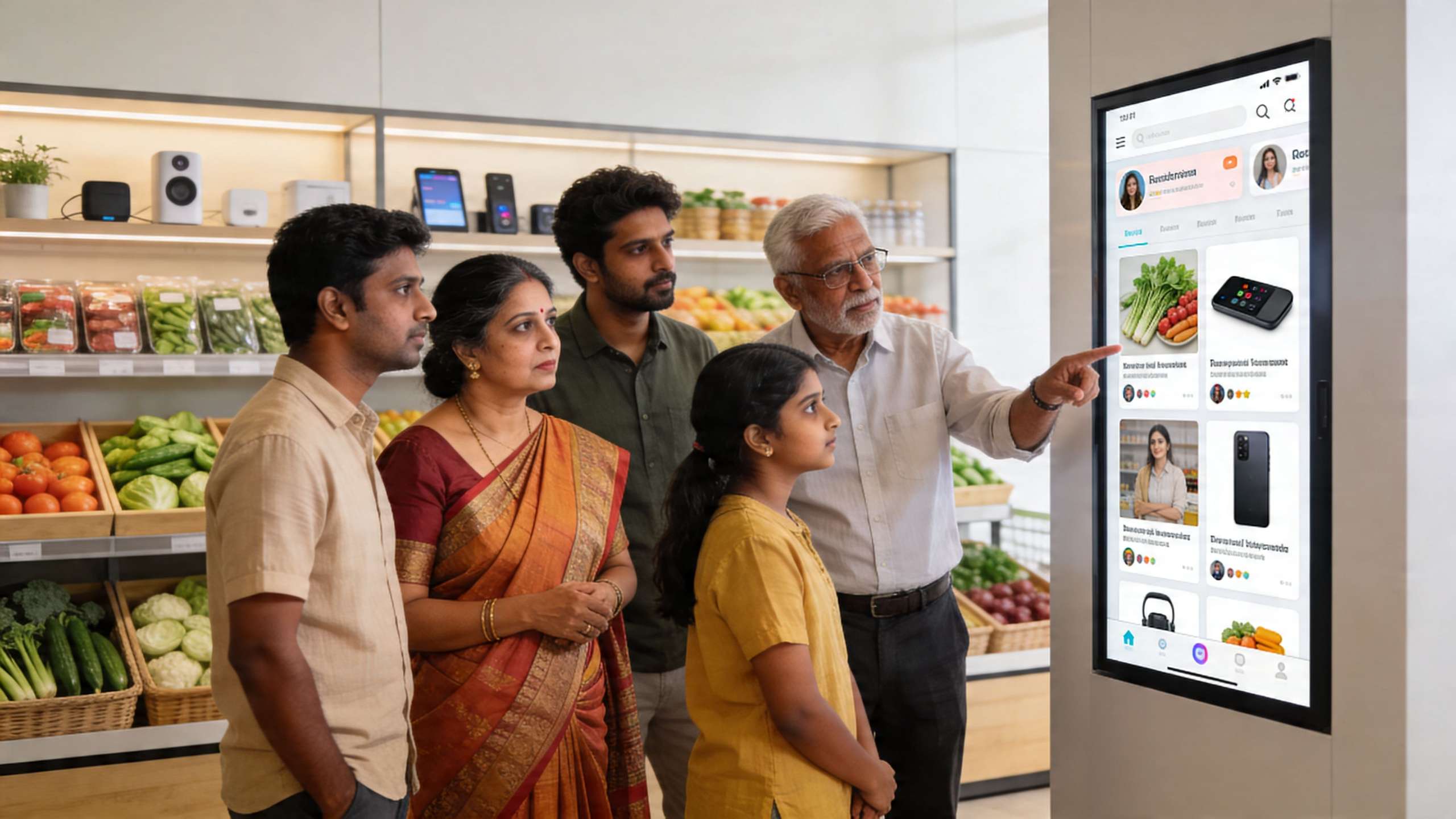 Mastering branding in India: A multi-generational Indian family interacts with a digital interactive kiosk in a modern grocery retail store.