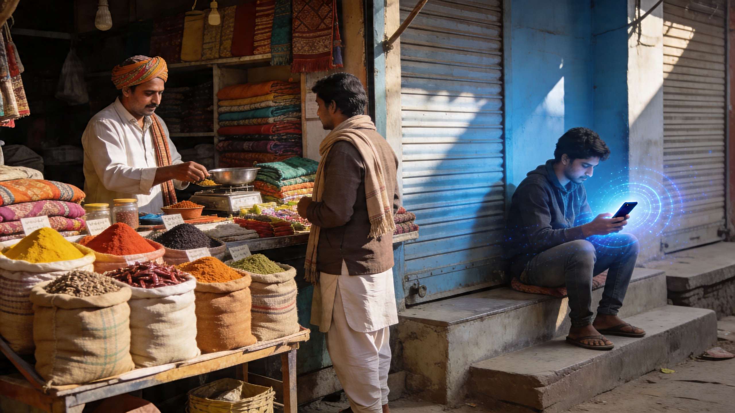 A vendor selling spices in a market while a young man uses a smartphone nearby, India.