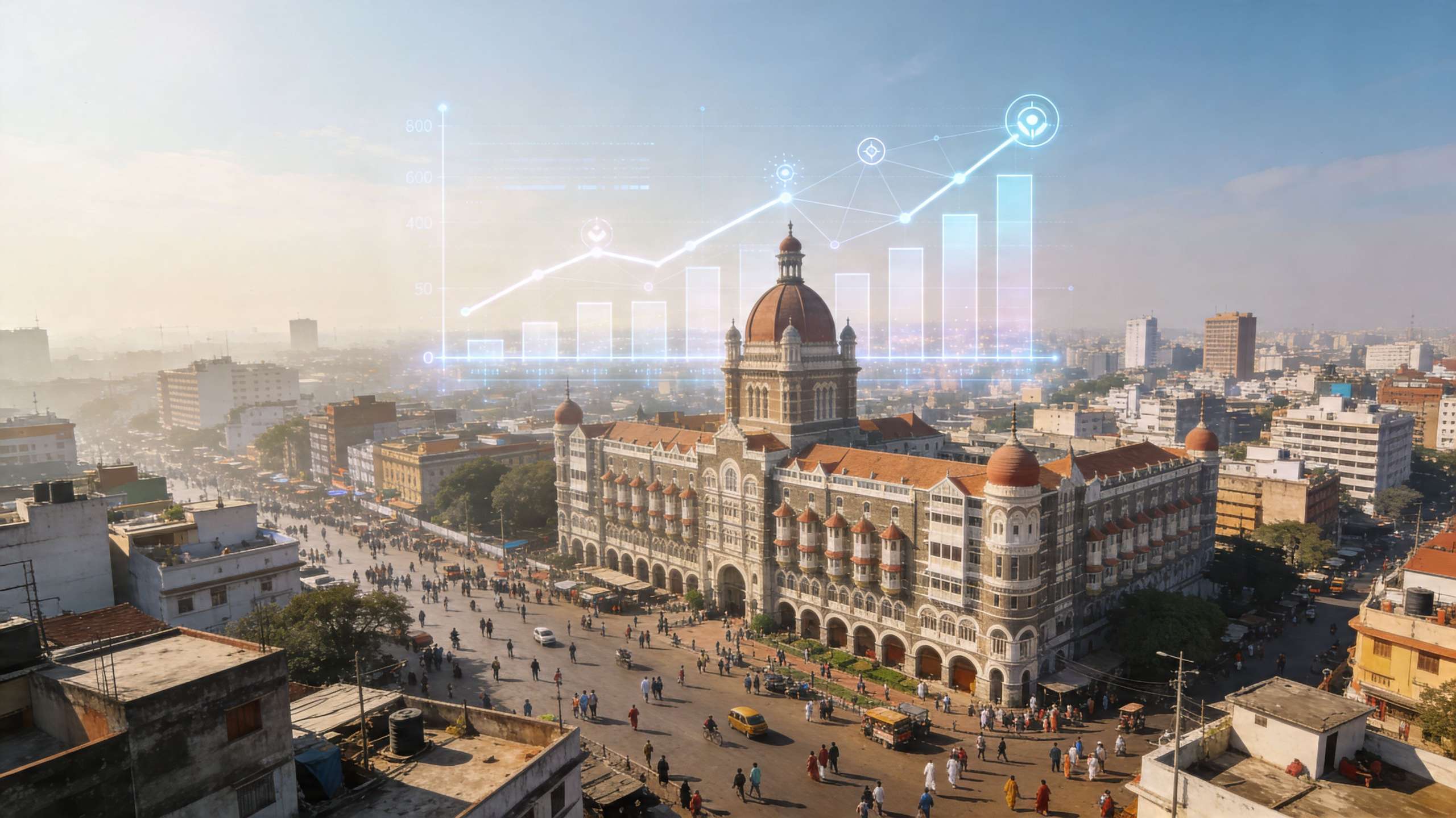 The Taj Mahal Palace hotel in Mumbai with a digital financial growth chart overlaying the cityscape.