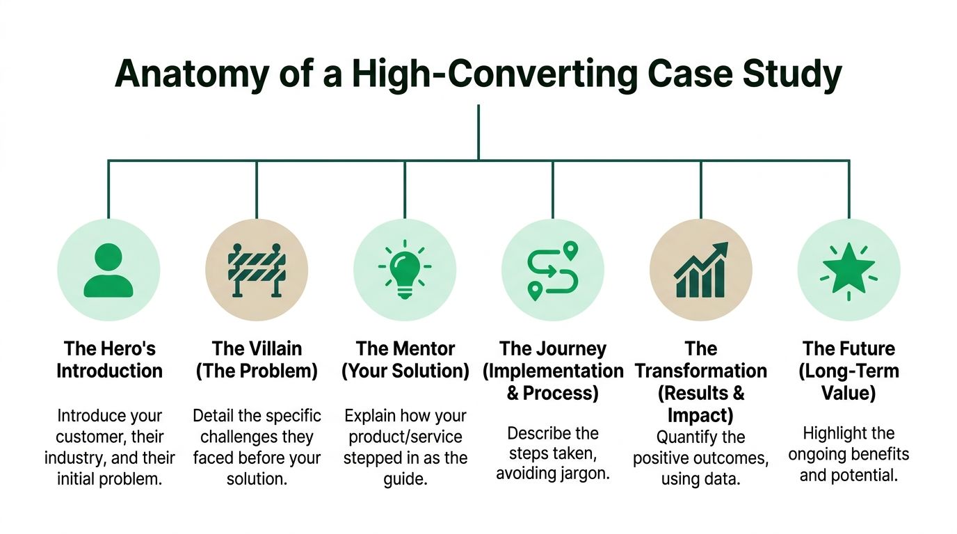 A diagram outlining the six essential steps for creating a high-converting business case study.