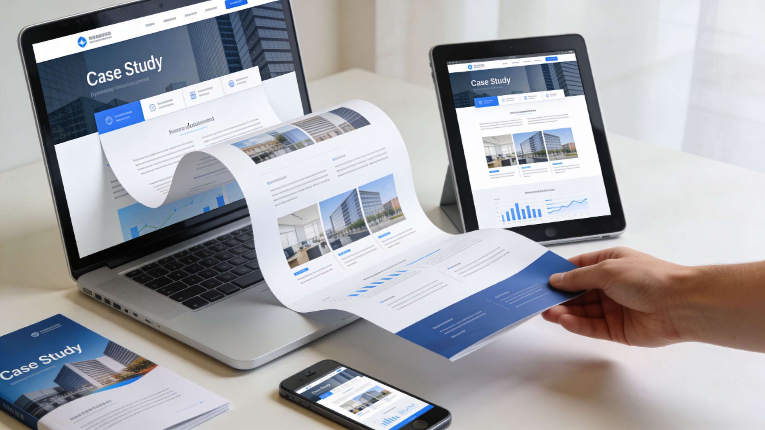 A hand holds a printed document displaying case study content, surrounded by a laptop, tablet, and smartphone.