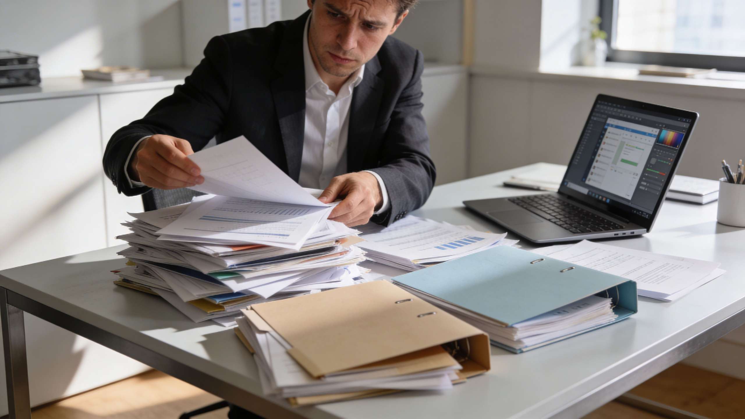 A focused professional in a suit reviewing a large stack of documents on his desk at work.