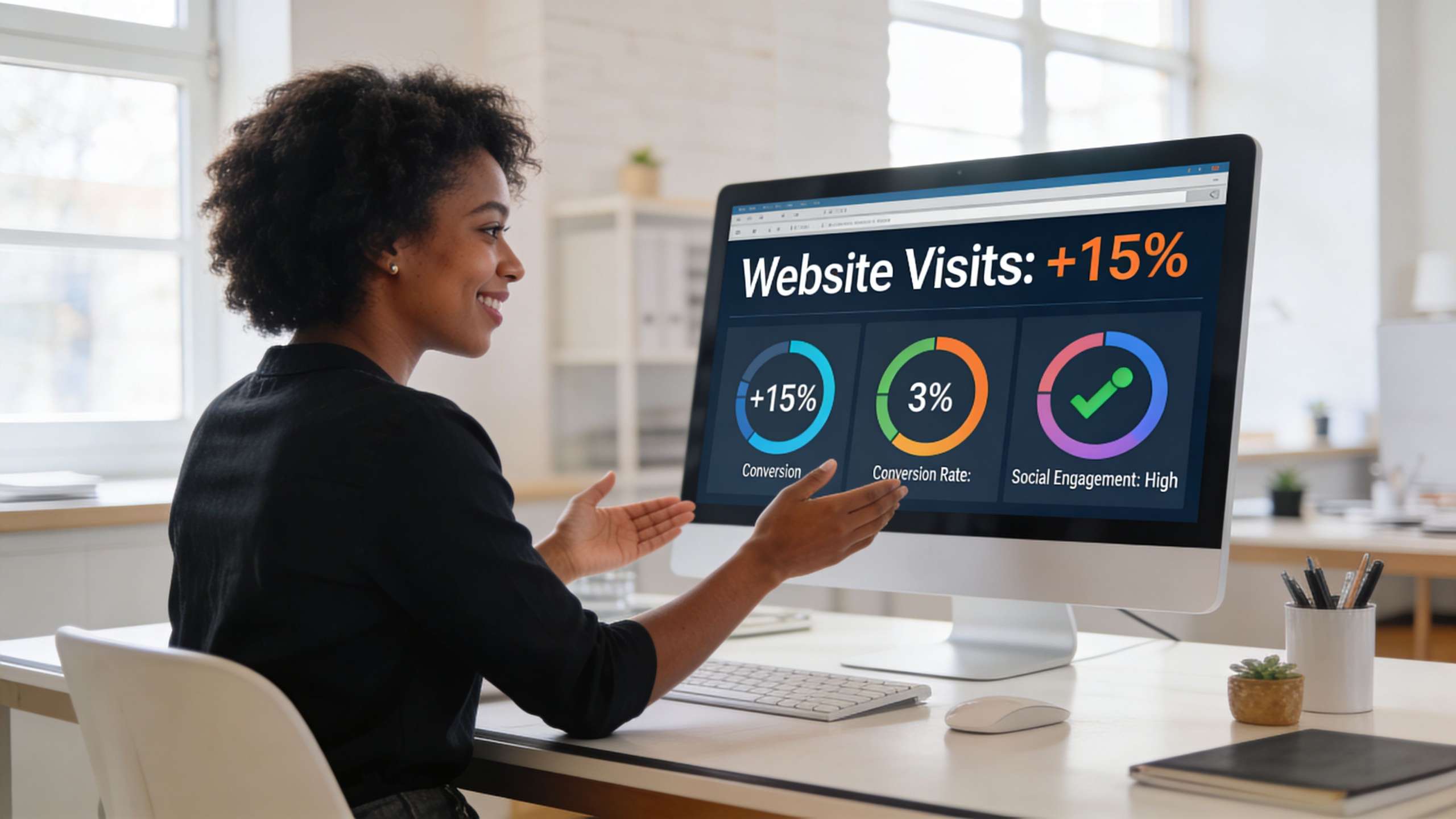 A businesswoman points to a computer screen displaying positive analytics metrics for website performance.
