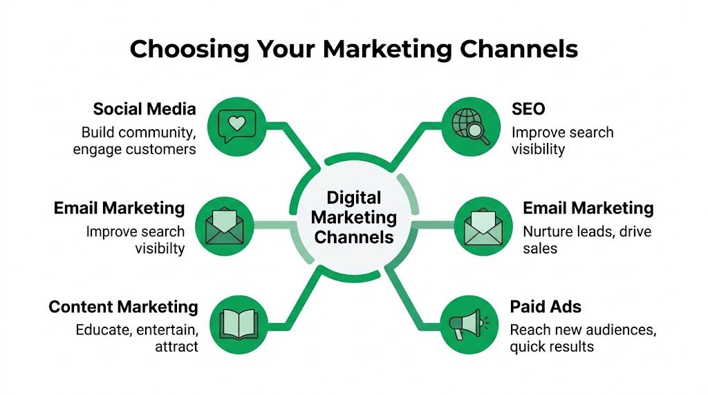 A diagram outlining key digital marketing channels including social media, SEO, email marketing, content marketing, and paid ads.