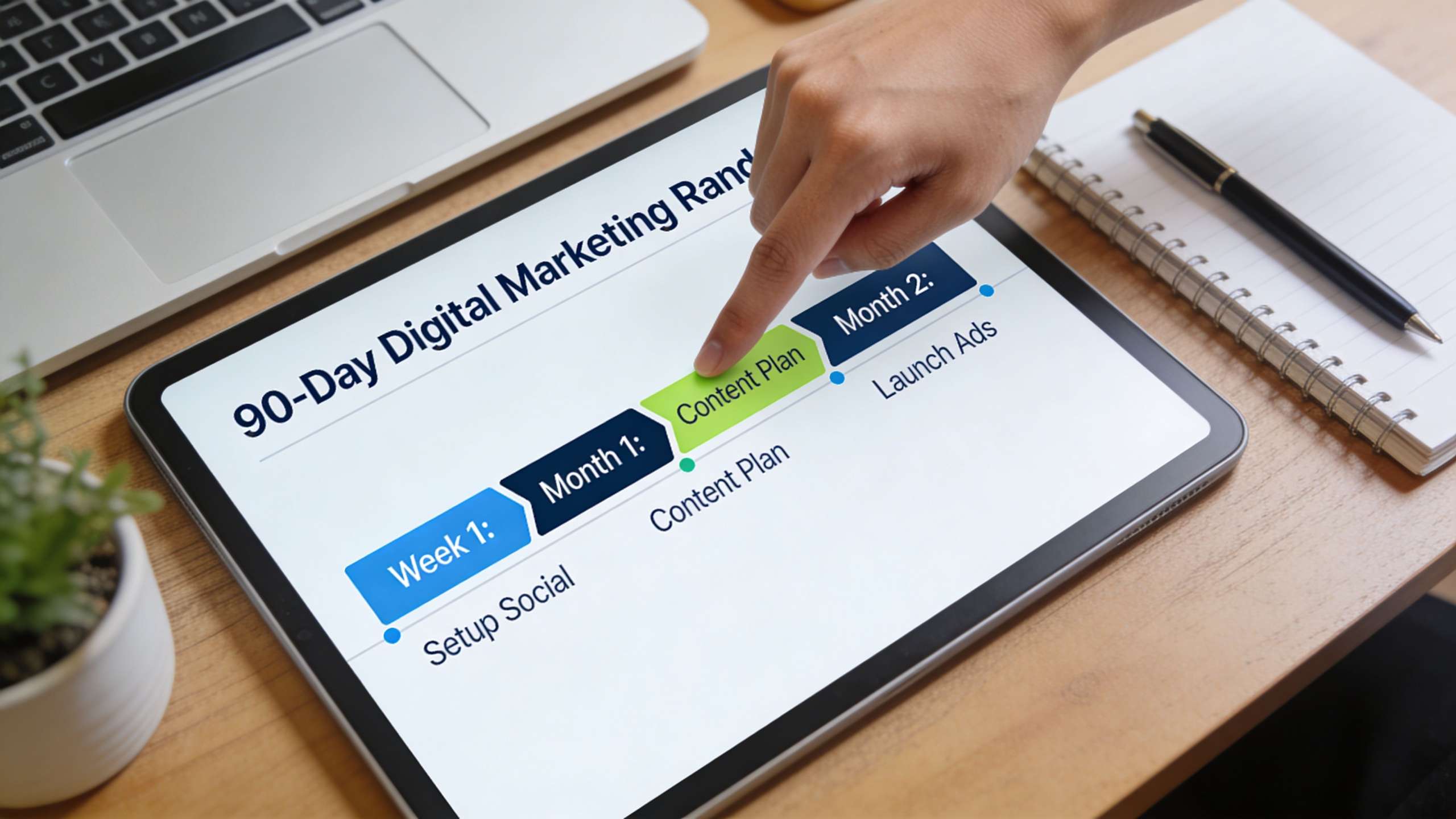 A person pointing at a 90-day displayed on a tablet screen.