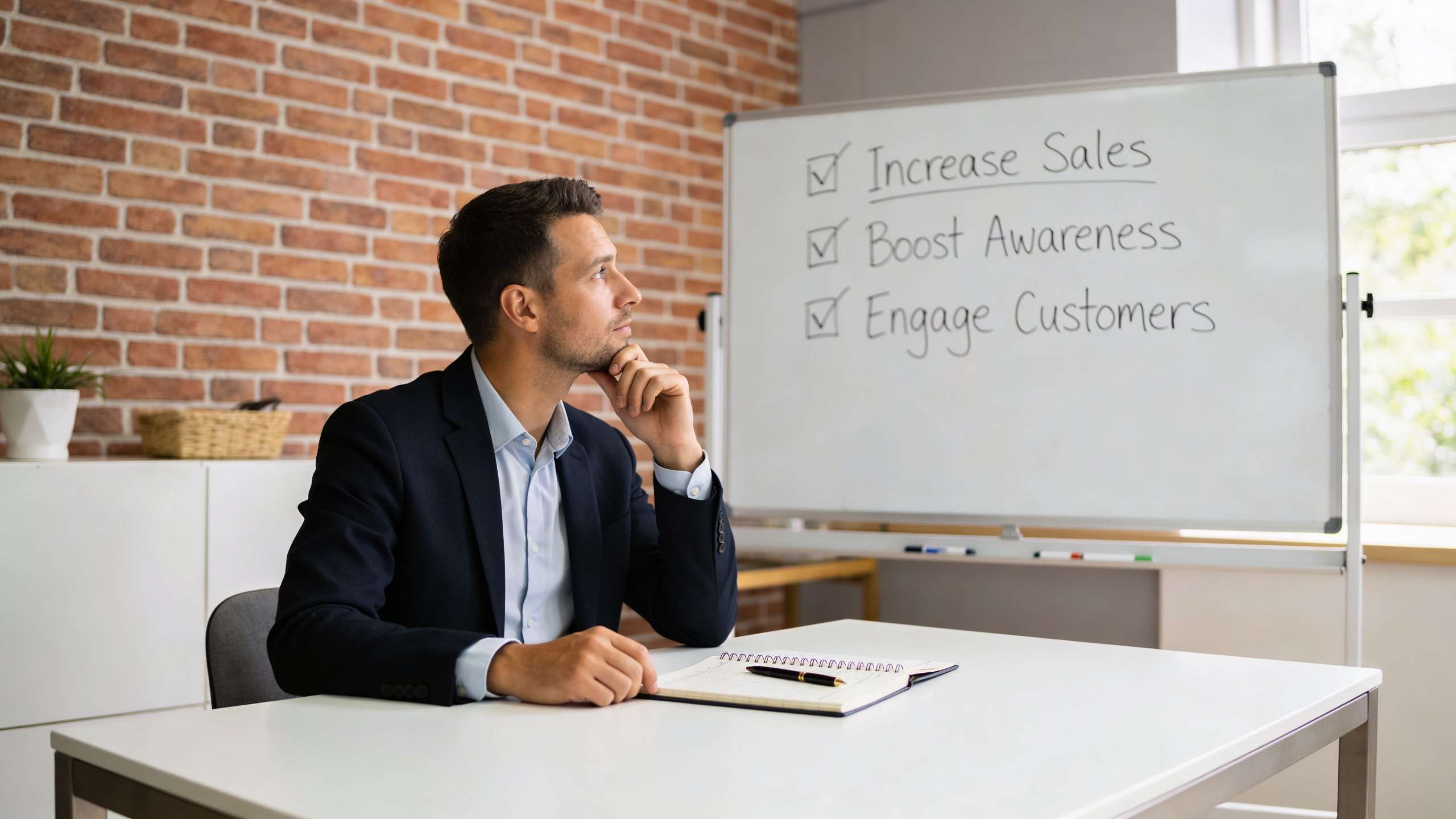 A professional man sitting at a desk thinking about digital marketing strategies written on a whiteboard.