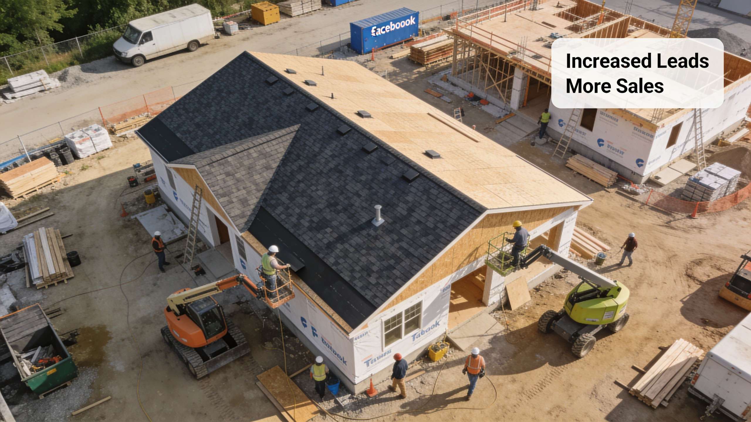 Construction workers installing shingles on a house roof with heavy machinery at a residential building site.