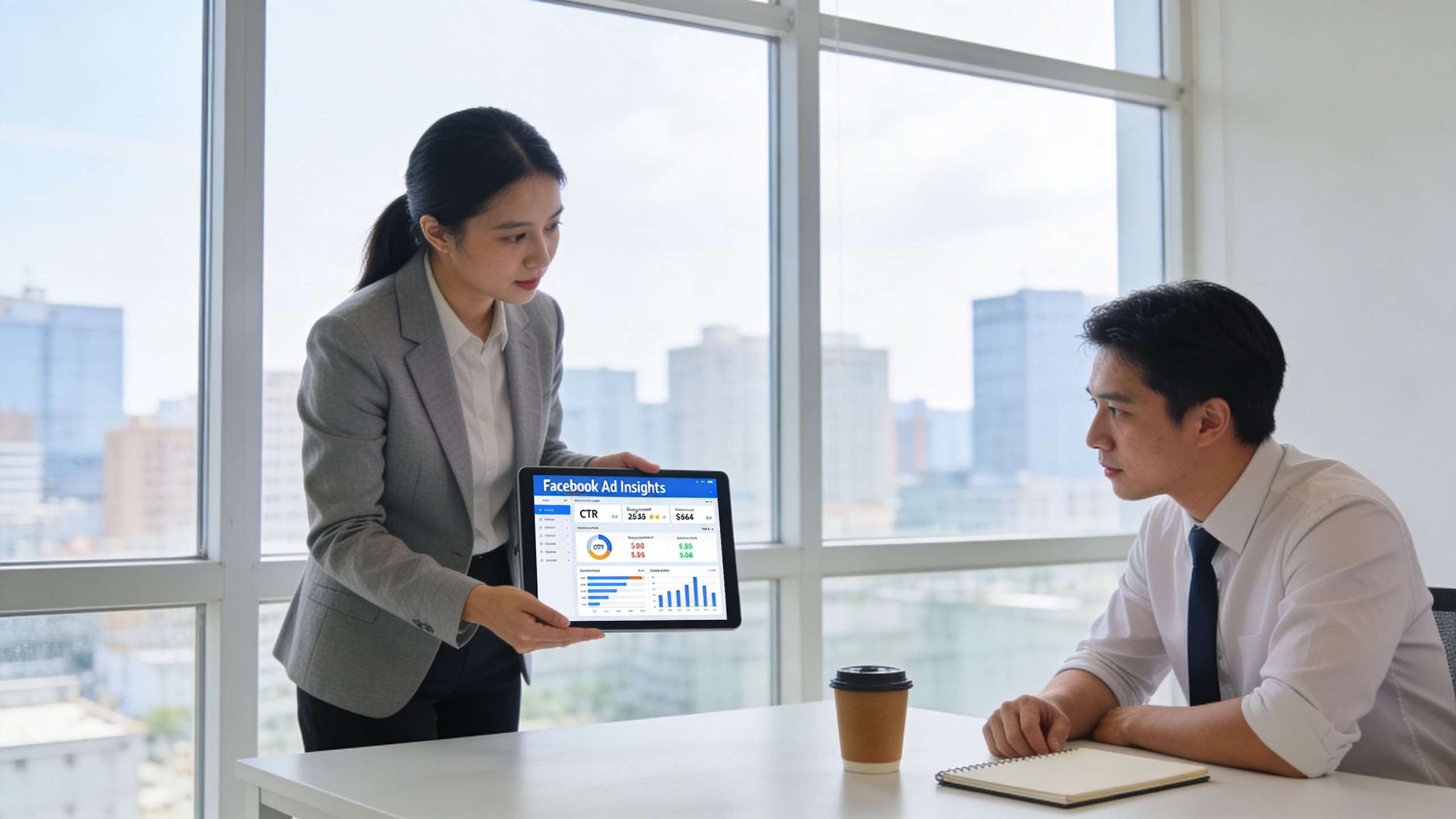 FB Advertising Services: A businesswoman presents Facebook advertising performance data on a tablet to her colleague during a meeting.