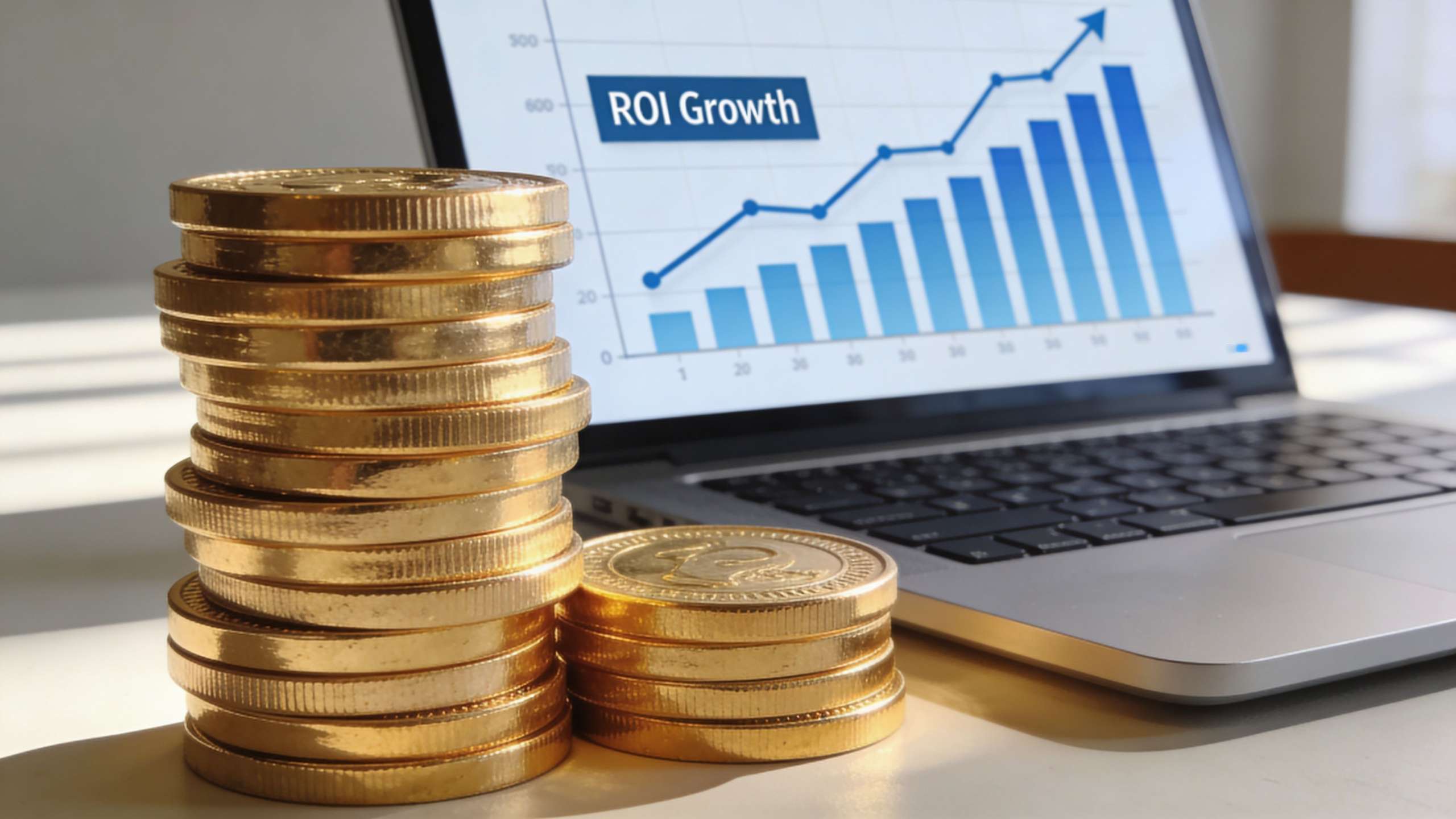 A stack of golden coins sits beside a laptop showing a positive bar chart of ROI growth.