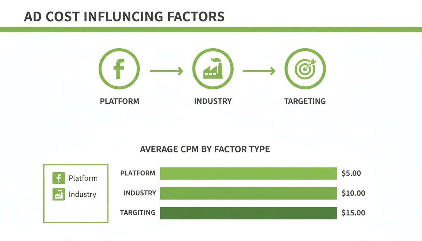 Chart illustrating ad cost influencing factors: platform, industry, and targeting, with average CPMs.