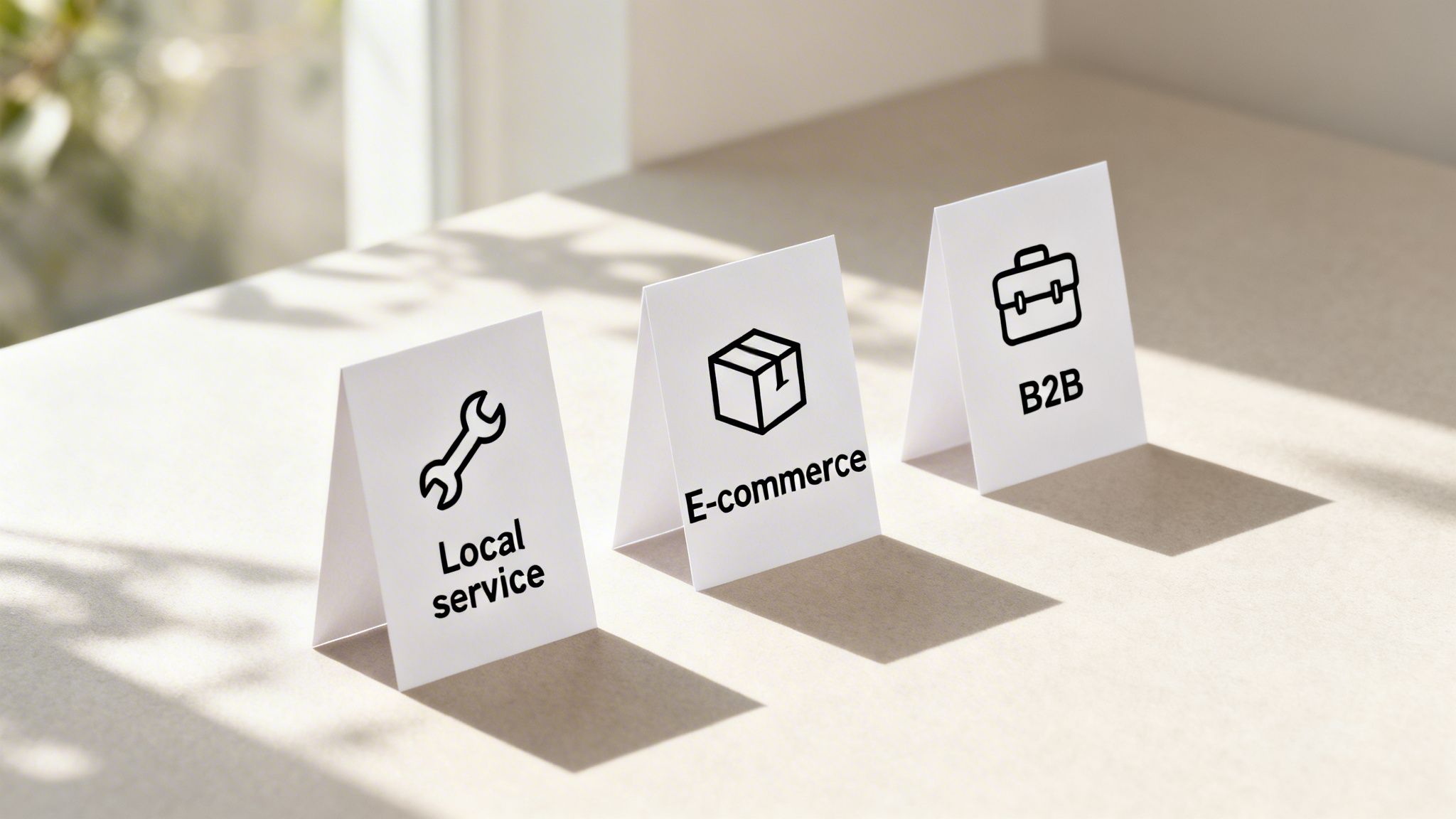 Three white signs illustrating business models: Local service, E-commerce, and B2B with icons.