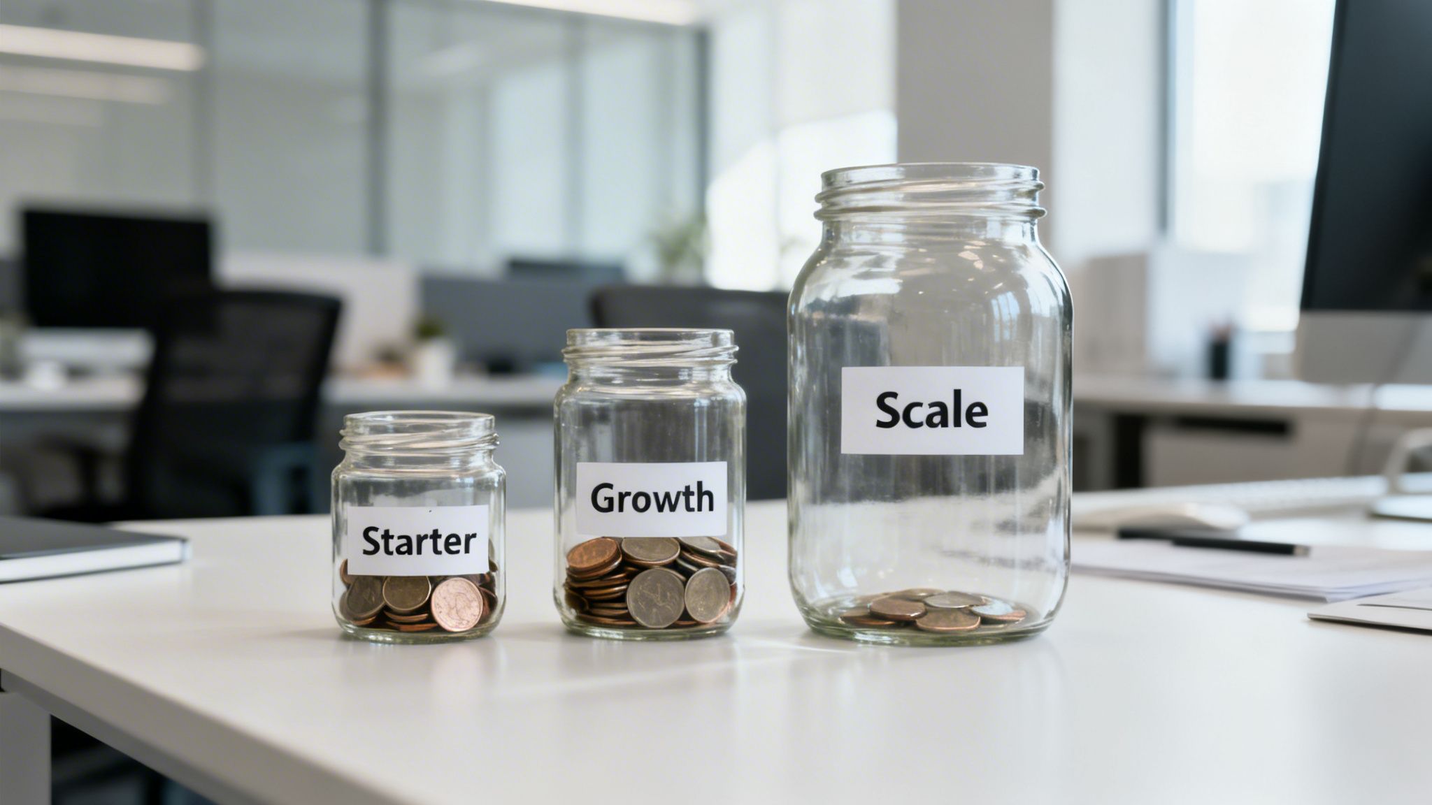 Three labeled glass jars for Starter, Growth, and Scale on a desk with coins, symbolizing business funding.