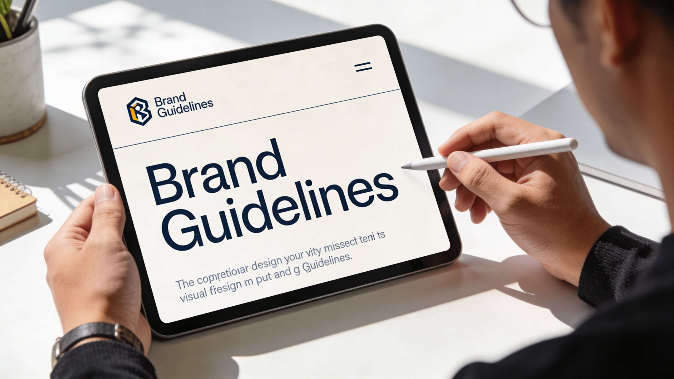 A person using a stylus on a tablet screen showing professional brand guideline design documentation layout.