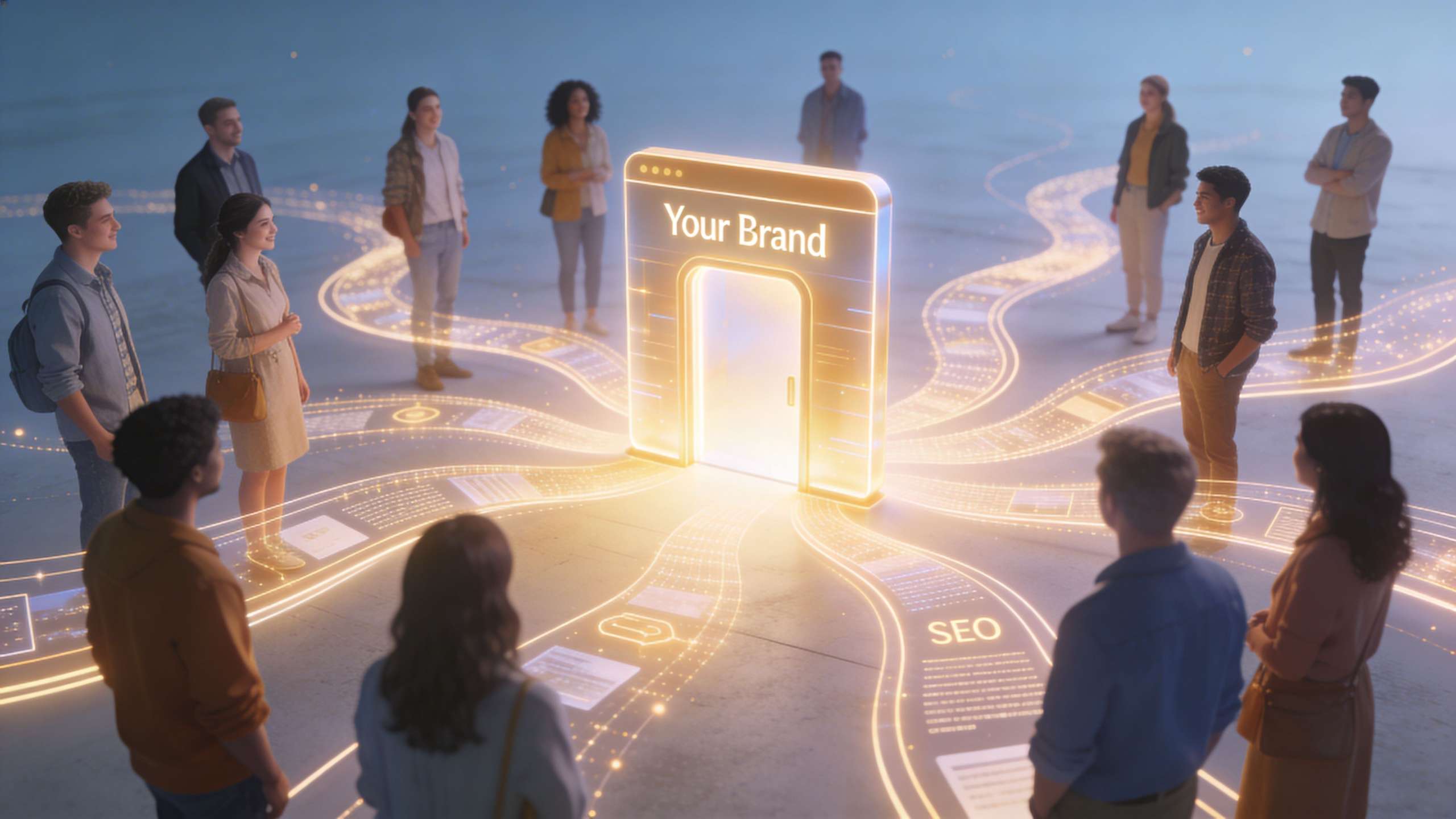 A diverse group of people standing around a glowing digital portal representing brand growth and digital strategy.