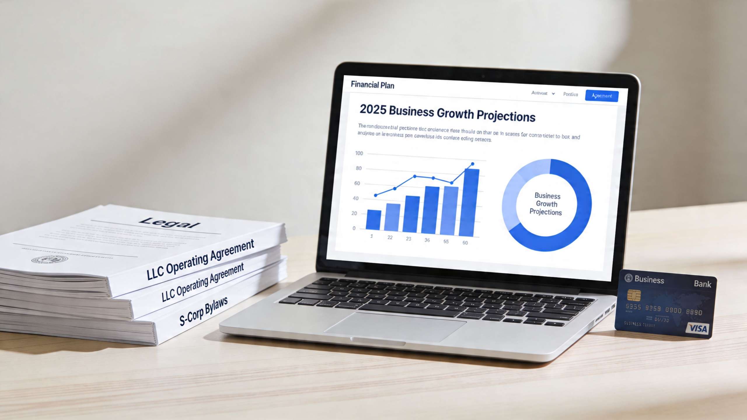 A laptop displaying 2025 business growth projections beside legal documents and a business credit card on a desk.