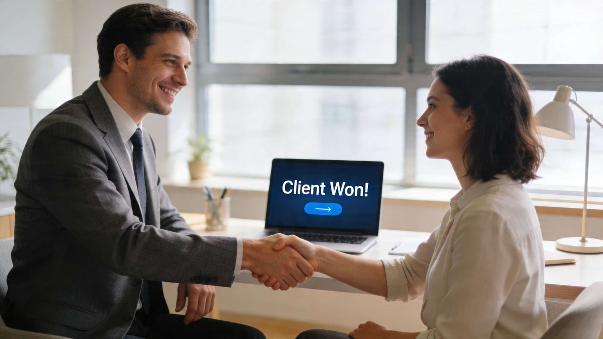 How to Start an SEO Company: A professional man and woman shaking hands in an office with a laptop screen displaying Client Won