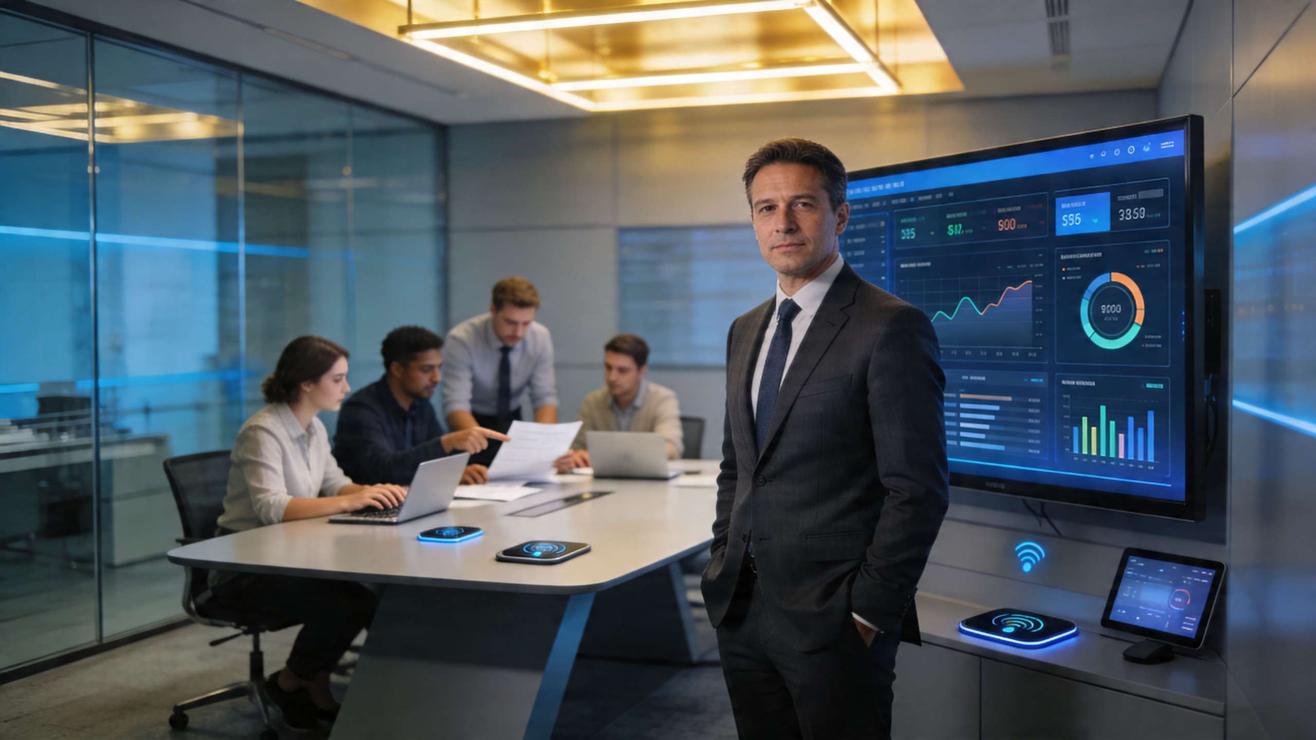 A professional businessman standing in a modern office while a diverse team works in the background.