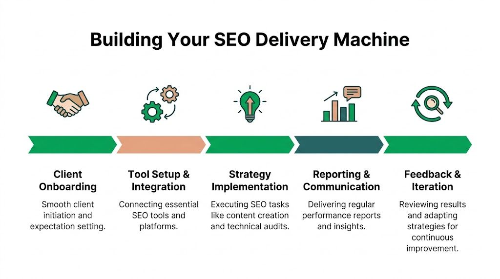 How to Start an SEO Company: A five-step process diagram illustrating how to build an efficient and successful SEO delivery machine.