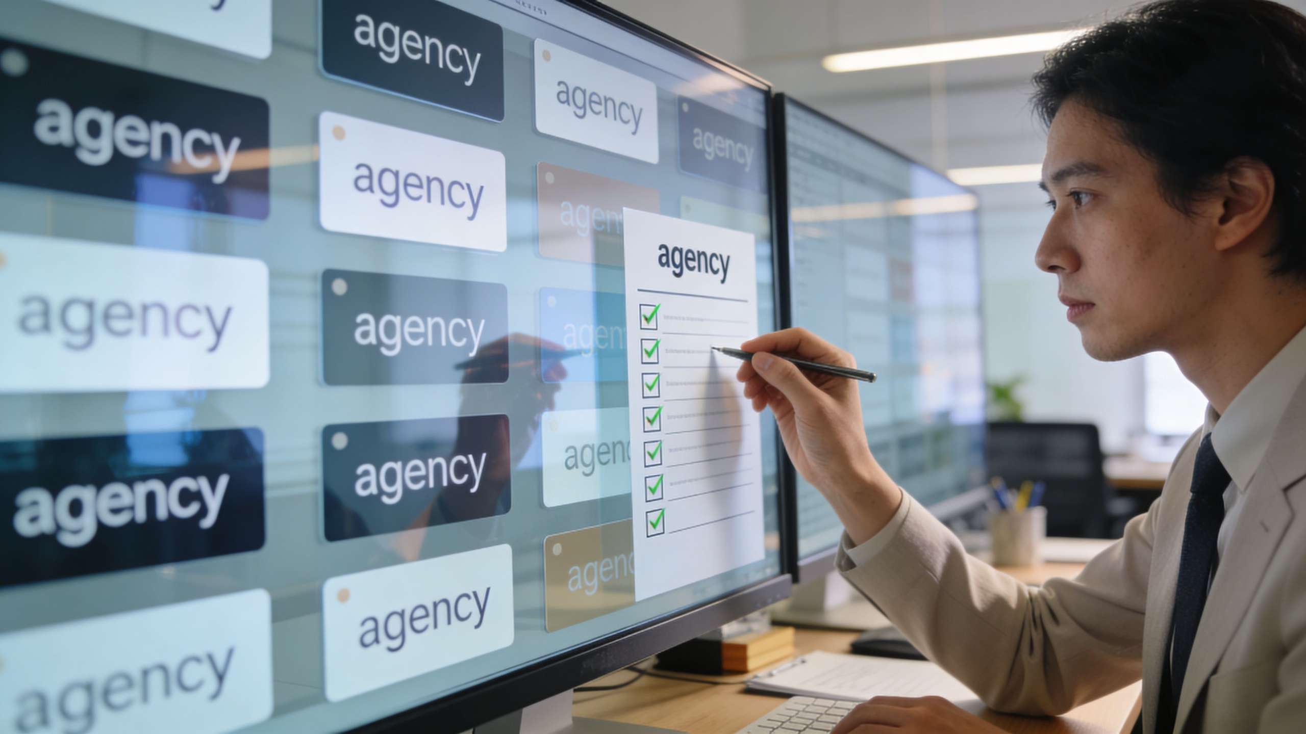 Lead Generation Marketing Services: A professional man in a suit checks off a list of agency tasks on a computer monitor.
