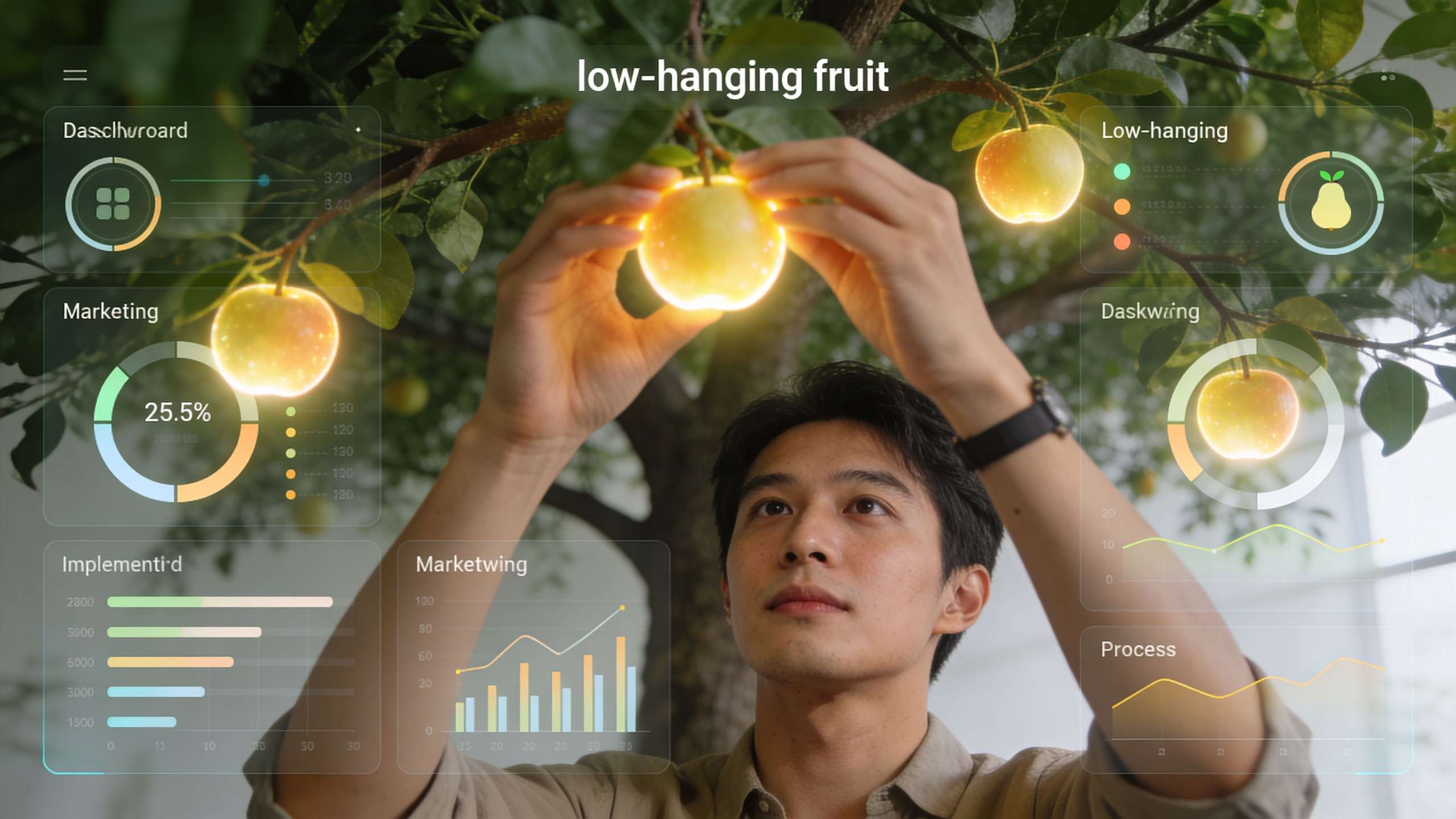 A young man interacting with a futuristic, holographic dashboard displaying various data metrics near apple trees.