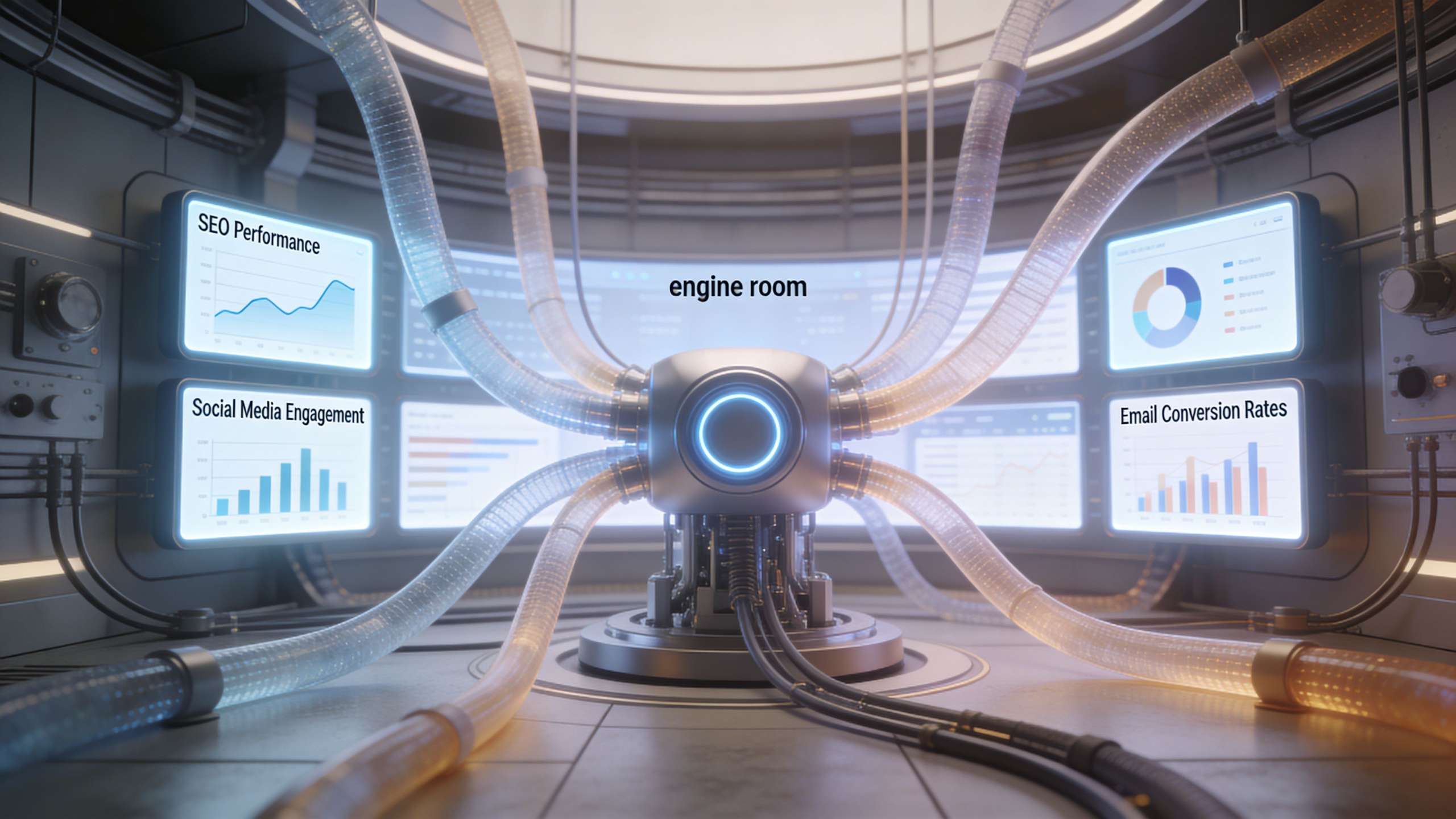 A futuristic digital engine room visualizing marketing analytics like SEO, social media, and email conversion rates.