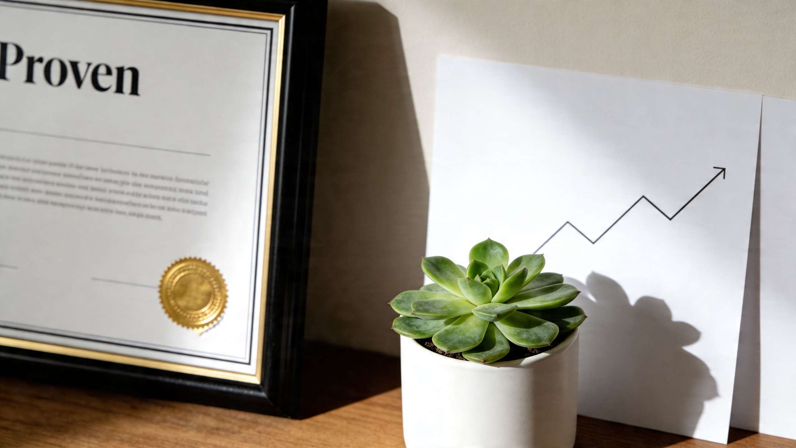 A framed document labeled Proven sits next to a succulent plant and a paper with an upward trend line.