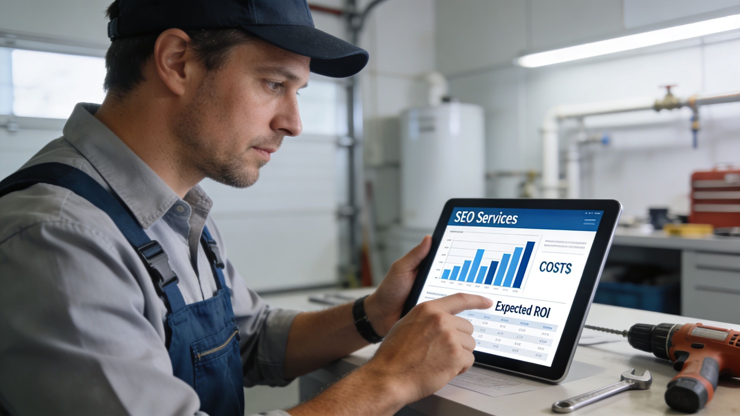 A professional plumber wearing a work uniform analyzing SEO services data on a digital tablet in a workshop.