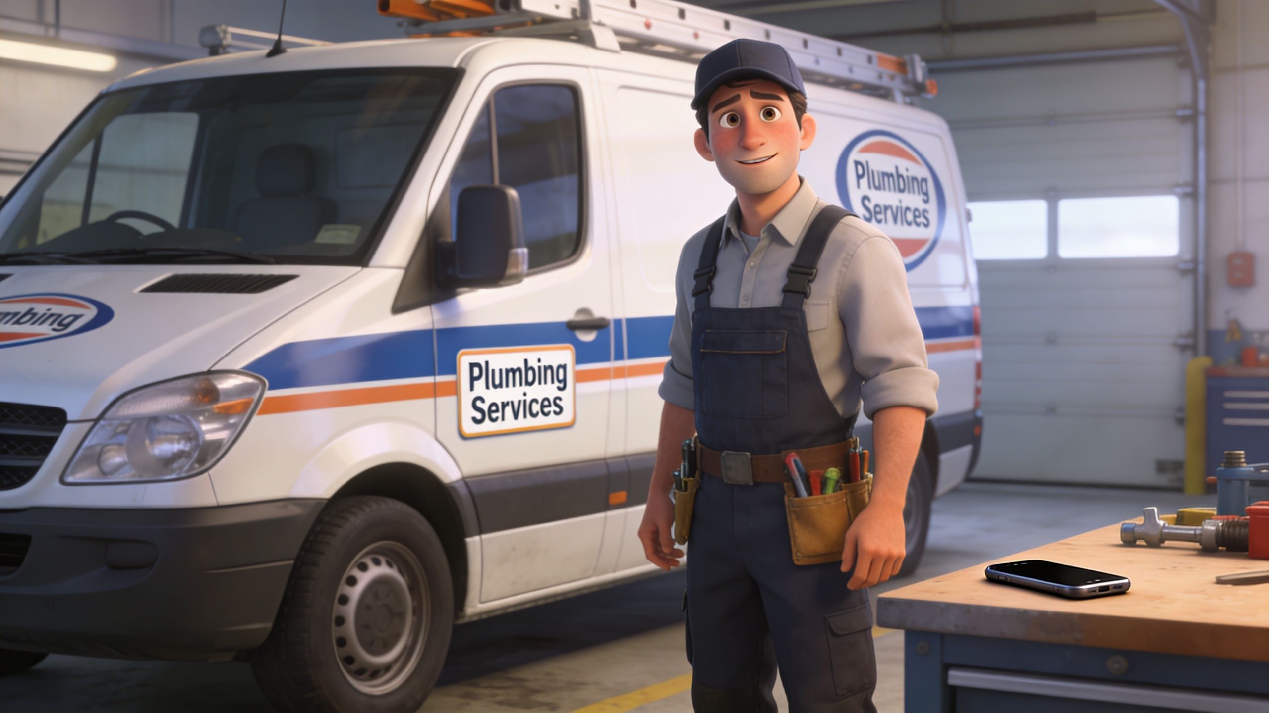 A friendly animated plumber in blue overalls standing next to his white plumbing services van in a garage.