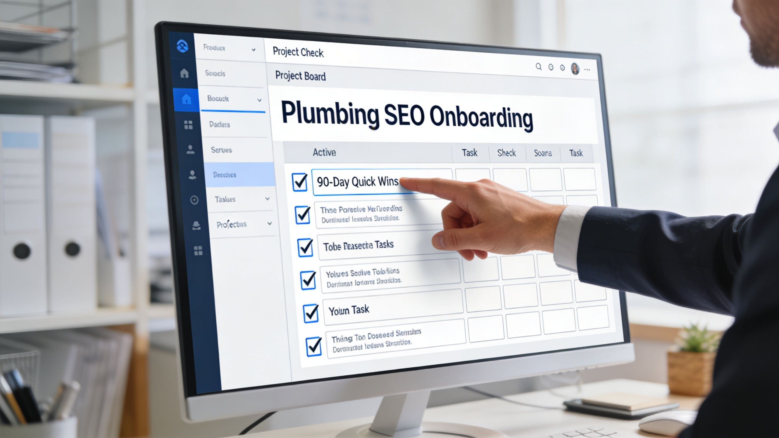 A professional in a suit pointing to a computer screen displaying a SEO Onboarding task checklist.