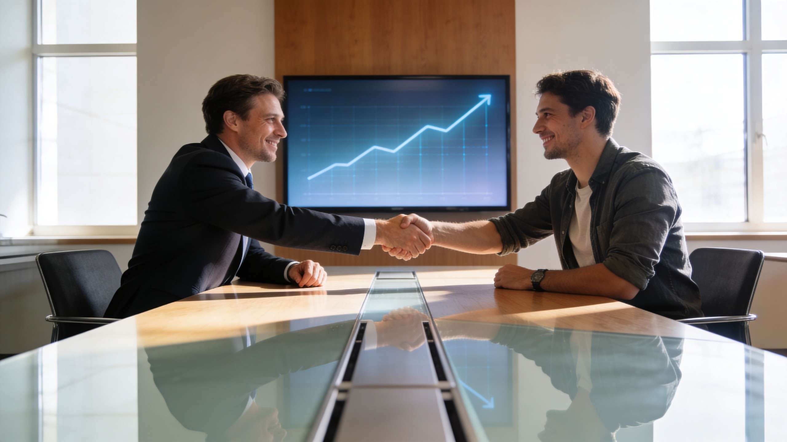 A professional in a suit and a man in casual clothes shaking hands across a conference table.