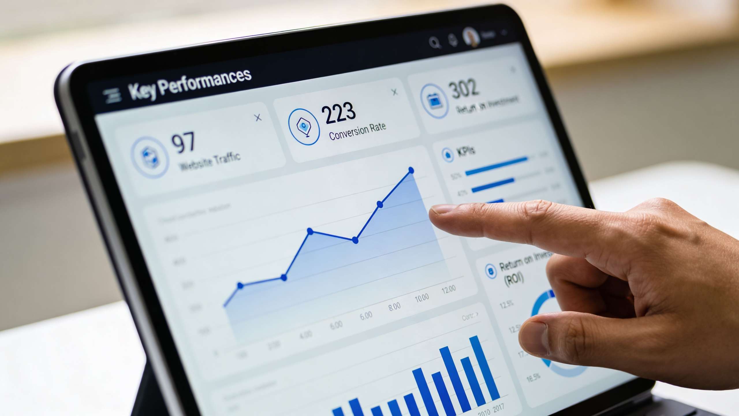 A close-up view of a hand interacting with a digital tablet displaying performance analytics and data charts.