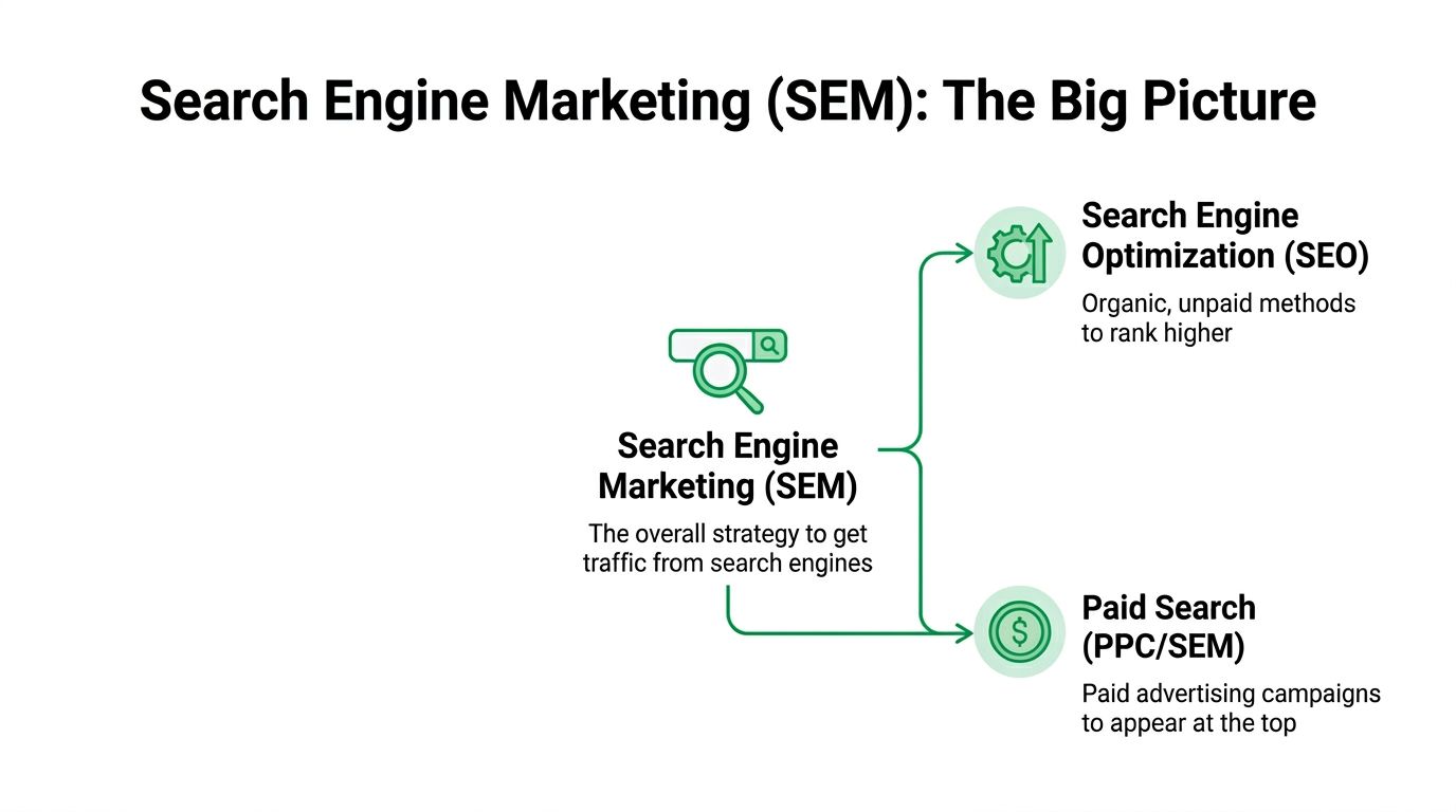 A diagram illustrating that Search Engine Marketing includes both organic SEO strategies and paid search advertising campaigns.
