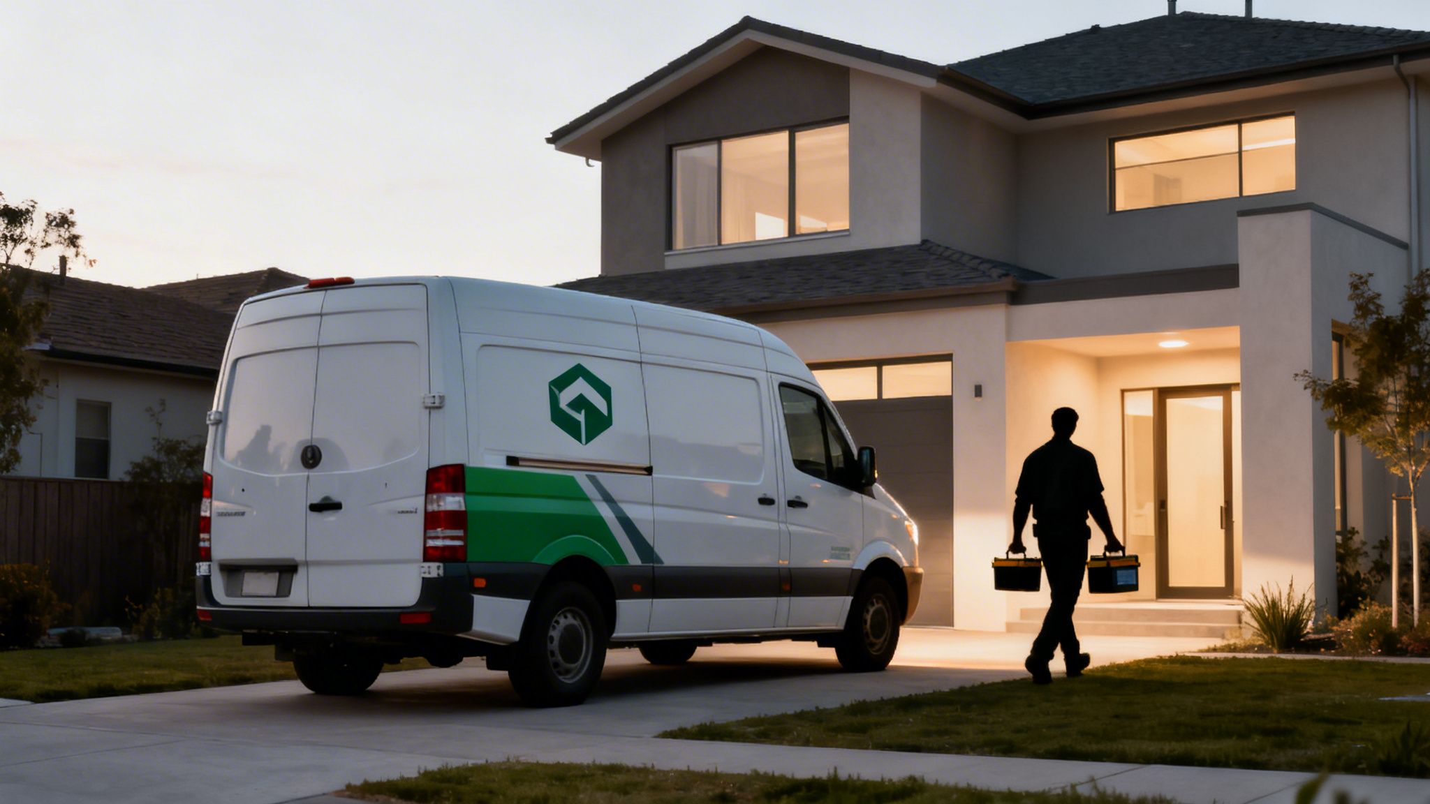 A service technician walks from a white delivery van with tools towards a modern house at dusk.