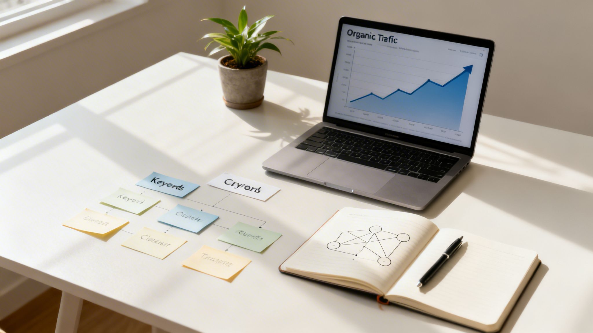 A laptop showing an organic traffic graph, sticky notes with keywords, and a notebook for SEO strategy.