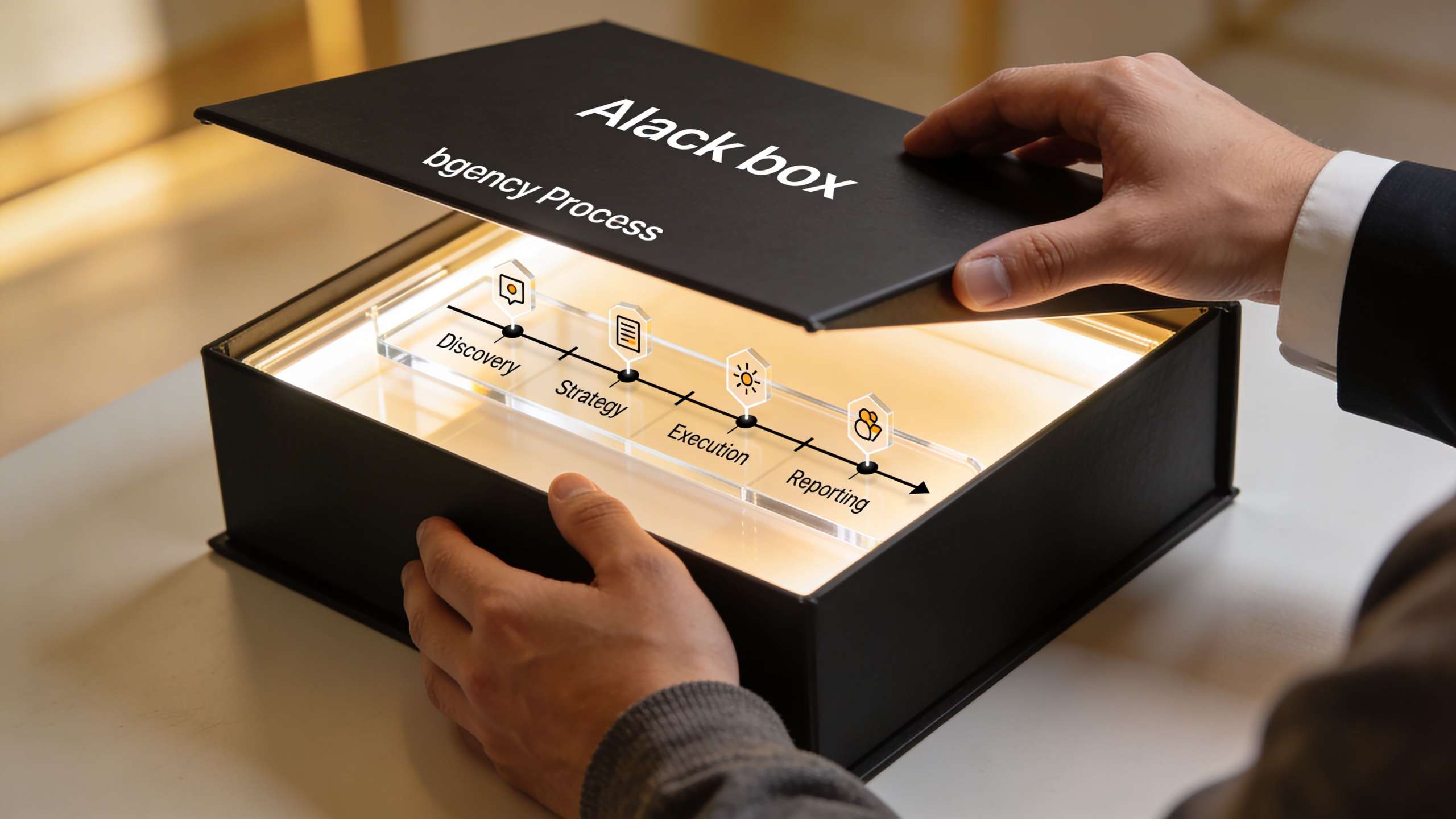 A person opening a box revealing the transparency of a digital marketing agency's process steps.