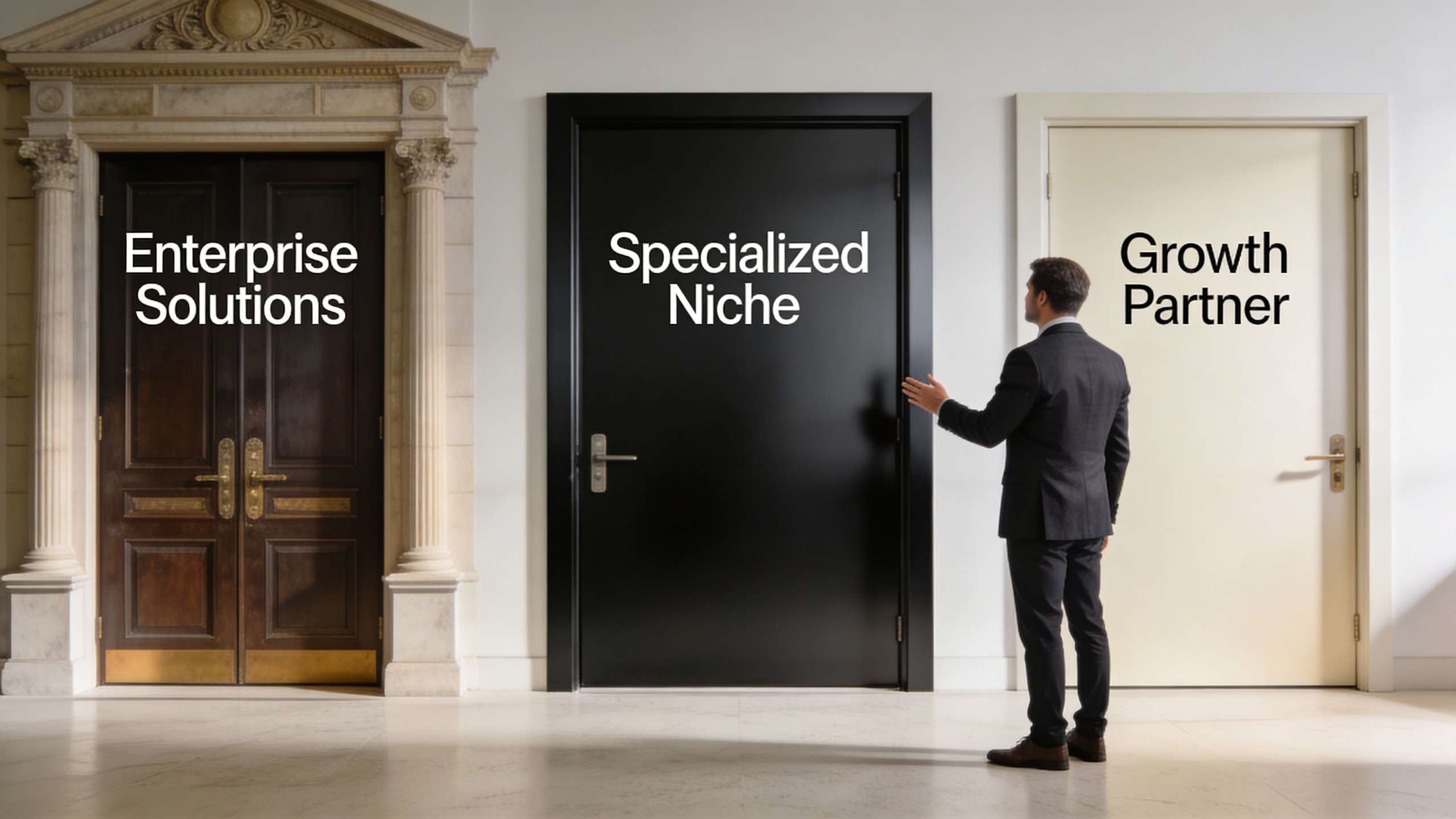 A businessman standing in front of three doors labeled Enterprise Solutions, Specialized Niche, and Growth Partner.