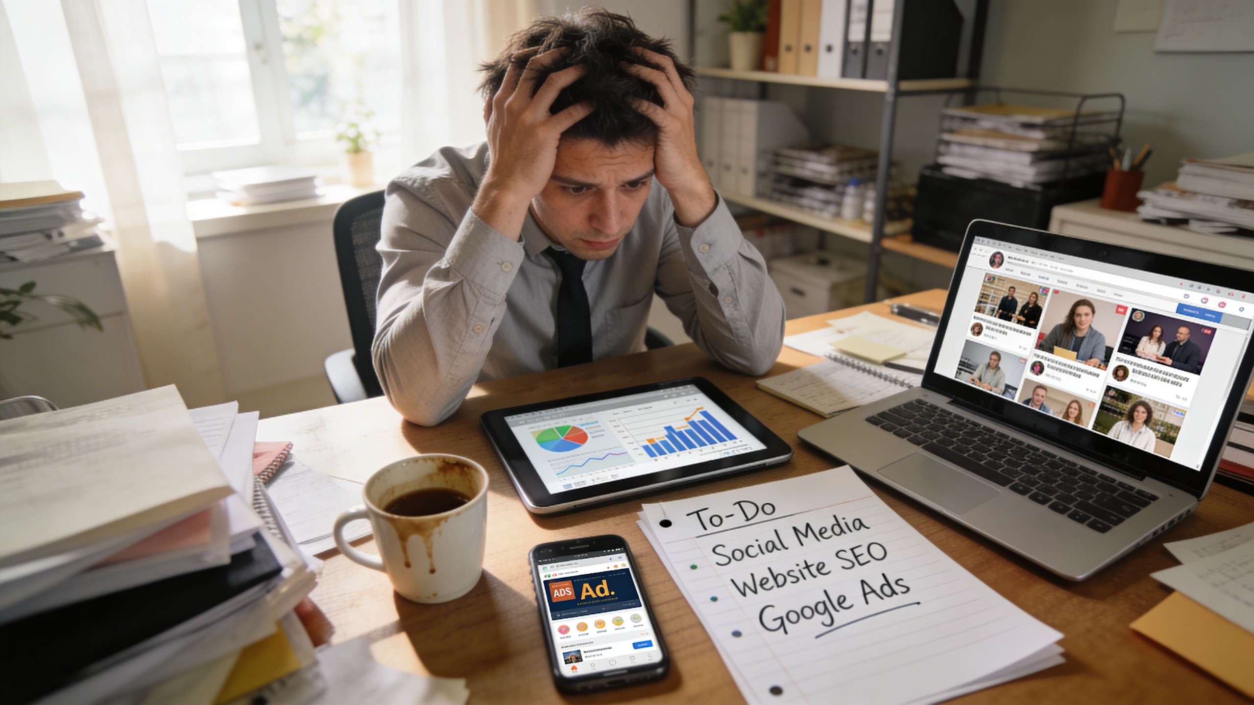 A stressed man sitting at a messy desk with a laptop, tablet, and phone showing digital marketing tasks.
