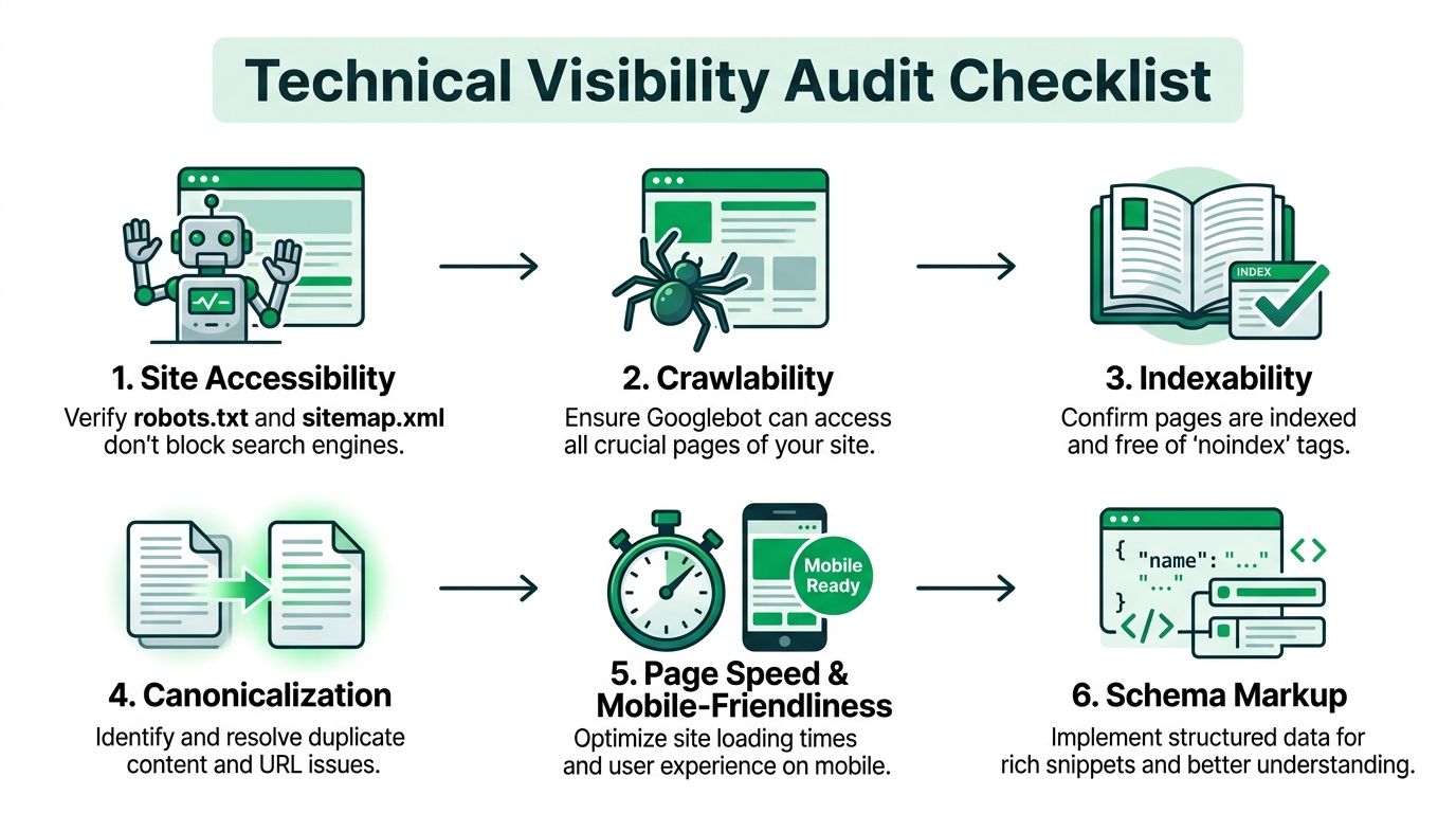A technical visibility audit checklist infographic showing six essential steps for improving website search engine performance.
