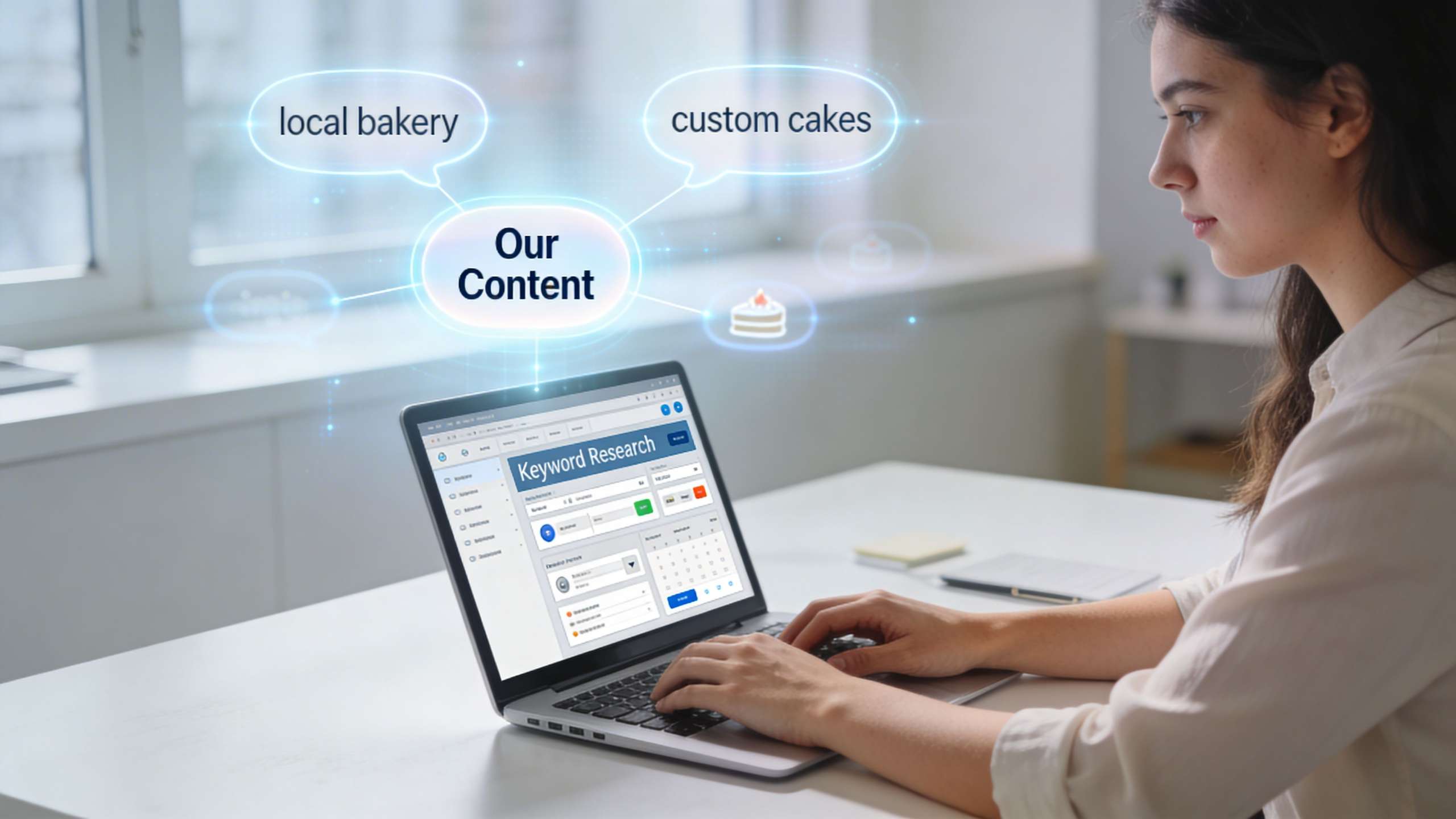 A young woman working on her laptop conducting keyword research for bakery business content strategies.
