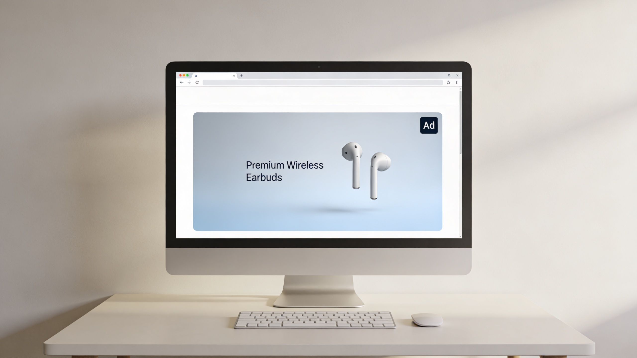 A desktop computer screen displaying an online advertisement for premium wireless earbuds on a white background.